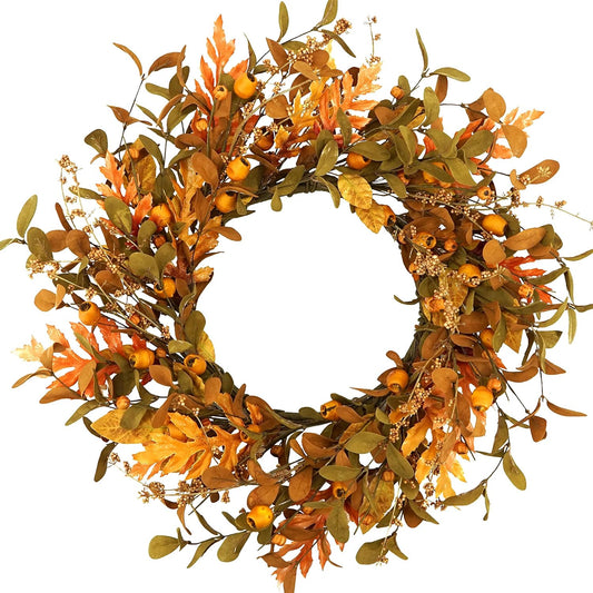 20'' Fall Wreath Autumn Wreath for Front Door with Small Pumpkins and Oak Leaves for Thanksgiving Halloween Home Outdoor Farmhouse Porch Wall Window Decoration,Brown Gift Box Included