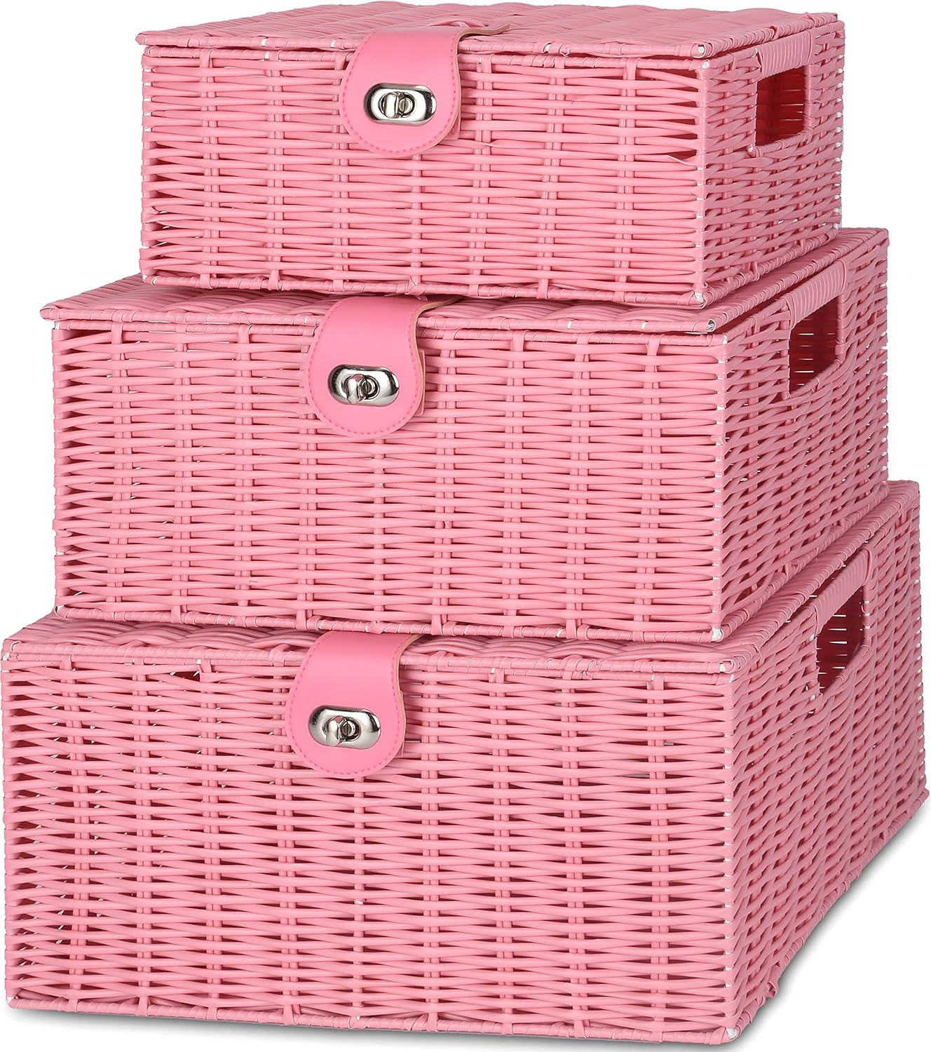 Honygebia Pink Wicker Storage Baskets - Set of 3 Decorative Nesting Boxes with Lids, Woven Basket with Lock & Handle, Organizer for Beauty Makeup Bathroom Decor
