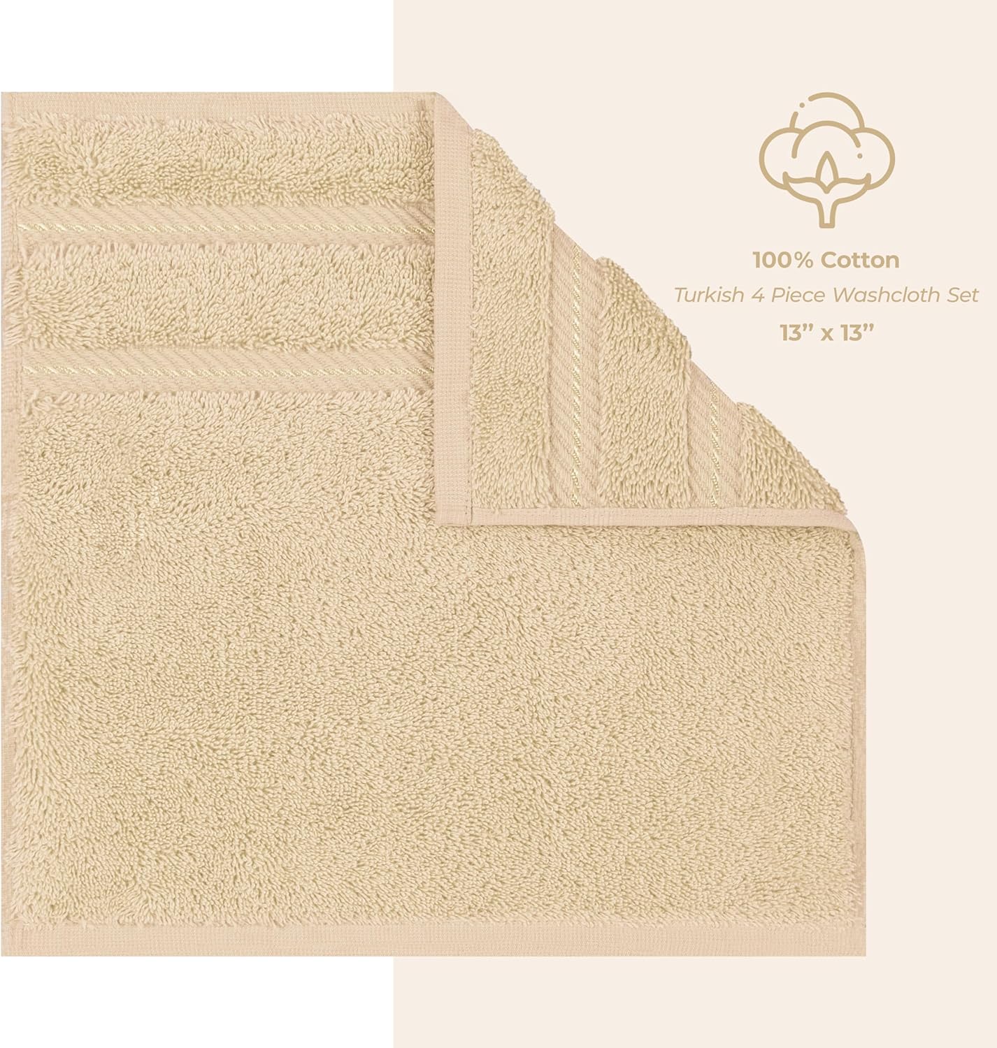 American Soft Linen Luxury Washcloths for Bathroom, 600 GSM 100% Cotton 4 Piece Turkish Wash Cloth Set, 13x13 in Soft Rags for Body and Face, Beige Washcloths