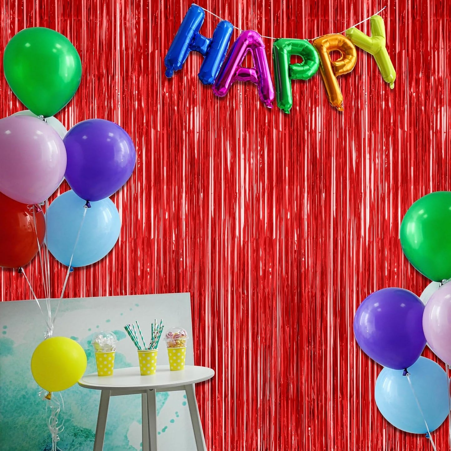 4 Pack Red Backdrop, 3.28 FT x 7.05 FT Party Streamer, Metallic Birthday Tinsel Backdrop Foil Fringe Curtains, Door Streamer for Red Party Decorations Casino Decor Photo Booth Props