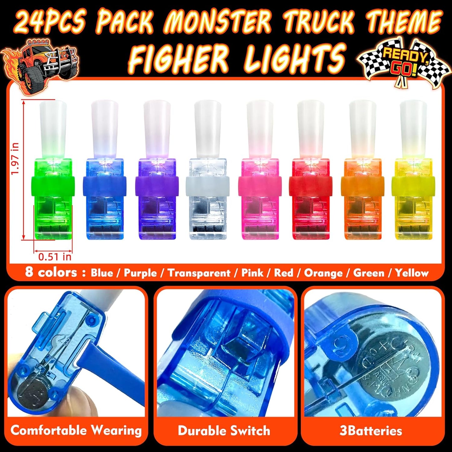 24PCS Monster Truck Party Favors-LED Finger Lights:Glow-in-the-Dark Light-Up Toys Bulk for Kids,Monster Jam Birthday Party Decorations Supplies, Party Goodie Bags, Classroom Prizes, Fun Gifts