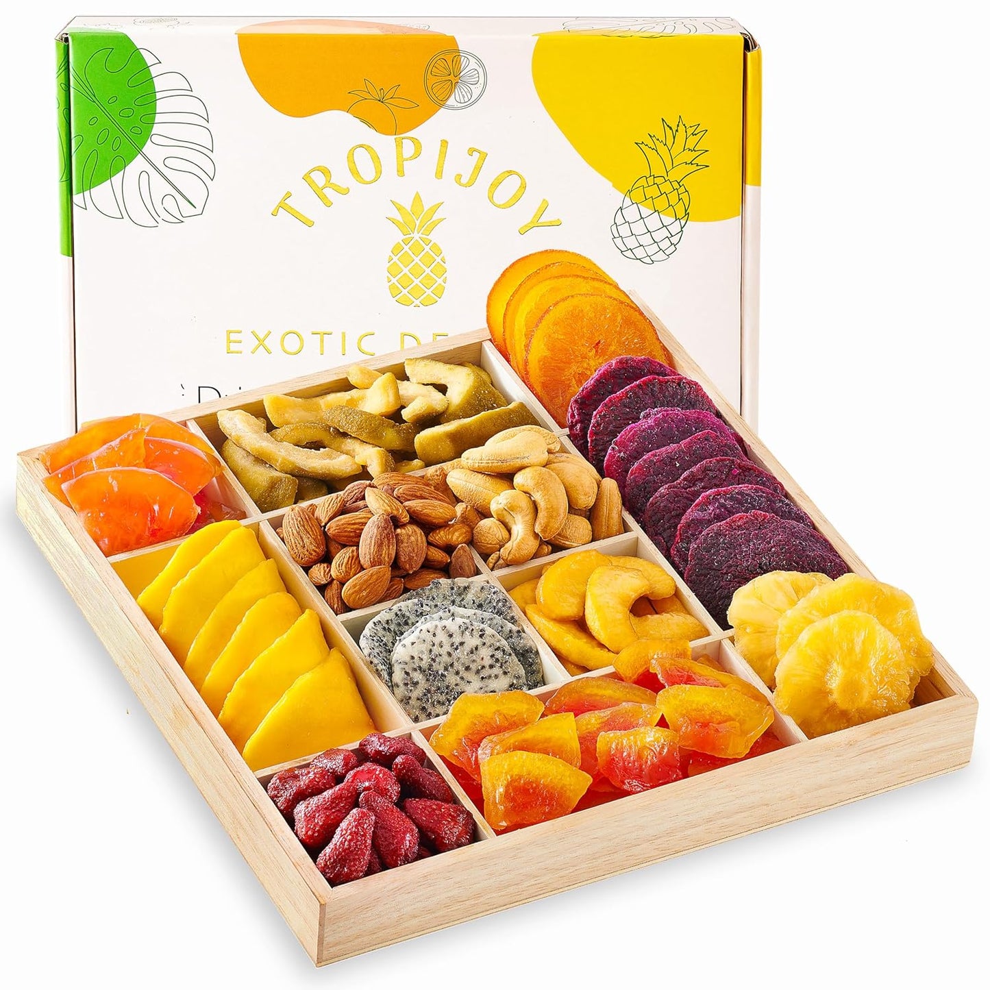 Dried Fruits Gift Baskets for Women – 12 Gourmet Tropical Assortment Box | Soft Dry Fruit Basket Gift – Fresh Fruits and Nuts Food Gifts - Birthday Gifts for Women - Includes Reusable Wood Tray