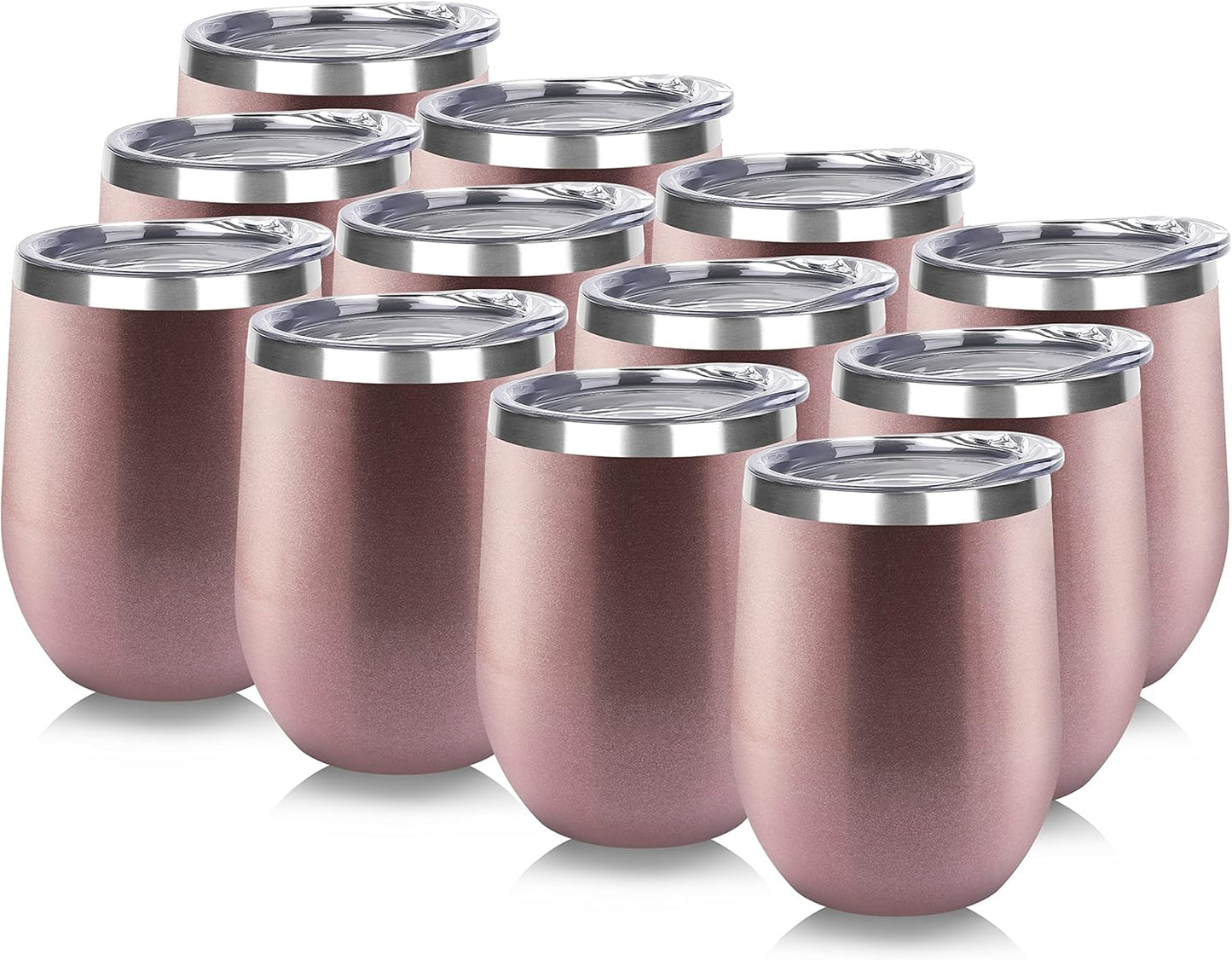 DOMICARE Stainless Steel Wine Tumbler Bulk with Lid, Personalized Rose Gold Insulated Tumblers Set, 12oz Travel Coffee Cups Pack of 12