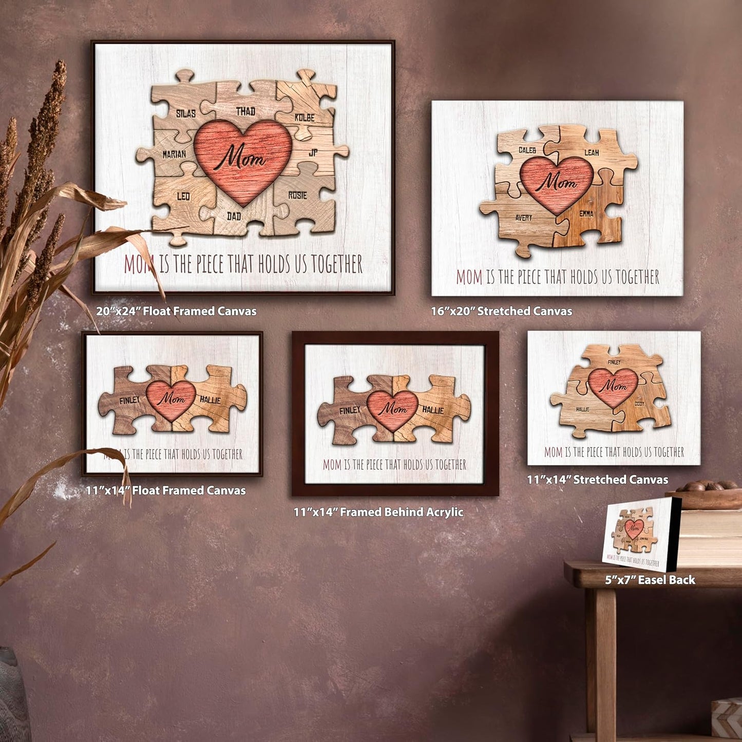 Personal-Prints MOM & Children Personalized HEART Puzzle Wall Art | Unique Customized with up to 8 Names | Mother’s Day, Birthday or Christmas Gift (11"x14" Stretched Canvas, 4 Children)