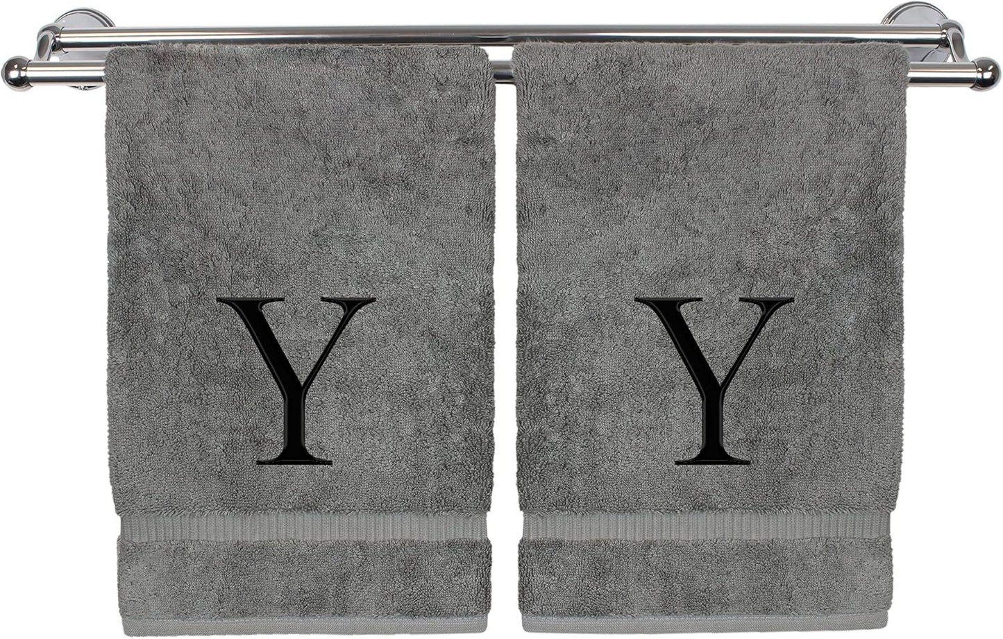 Monogrammed Hand Towel, Personalized Gift, Set of 2- Black Block Letter Embroidered Towel - Extra Absorbent 100% Turkish Cotton - Soft Terry Finish - Initial Y Gray