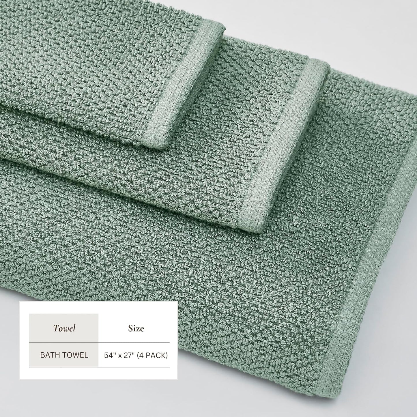 Green Bath Towels - 100% Cotton 4 Pack 54x27 Bath Towel Set - Absorbent, Quick-Drying, Durable Towels for Bathroom Decor - Low-Twist, Two-Ply Fibers (Eucalyptus)