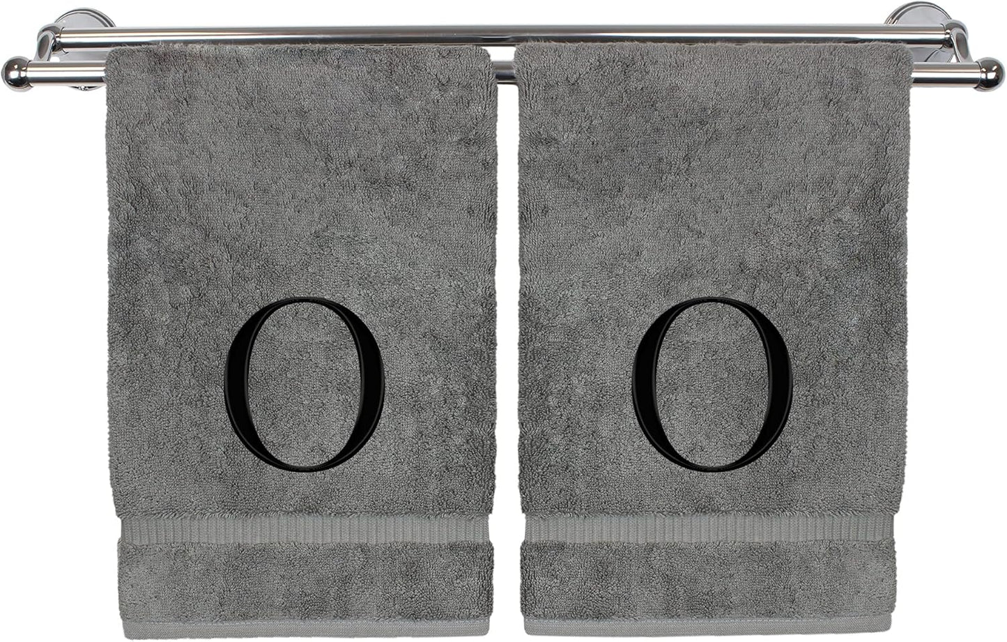Monogrammed Hand Towel, Personalized Gift, Set of 2- Black Block Letter Embroidered Towel - Extra Absorbent 100% Turkish Cotton - Soft Terry Finish - Initial O Gray