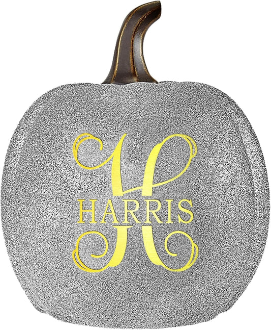 Let's Make Memories Personalized Light Up Pumpkin Decor Outdoor - Your Name & Initial on a Custom Pumpkin - Halloween Fall Decoration - Jack o Lantern - Outside or Inside - Large - Silver Glitter