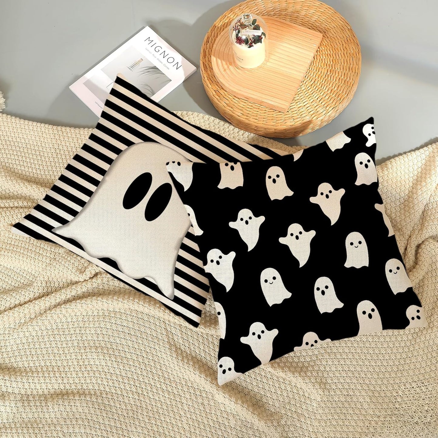 Halloween Pillow Covers 18x18 Set of 2 Cute Black Stripes Ghost Decorative Throw Pillow Covers Halloween Pillow Covers for Halloween Home Decoration L inen Cushion Case for Couch Sofa Decor