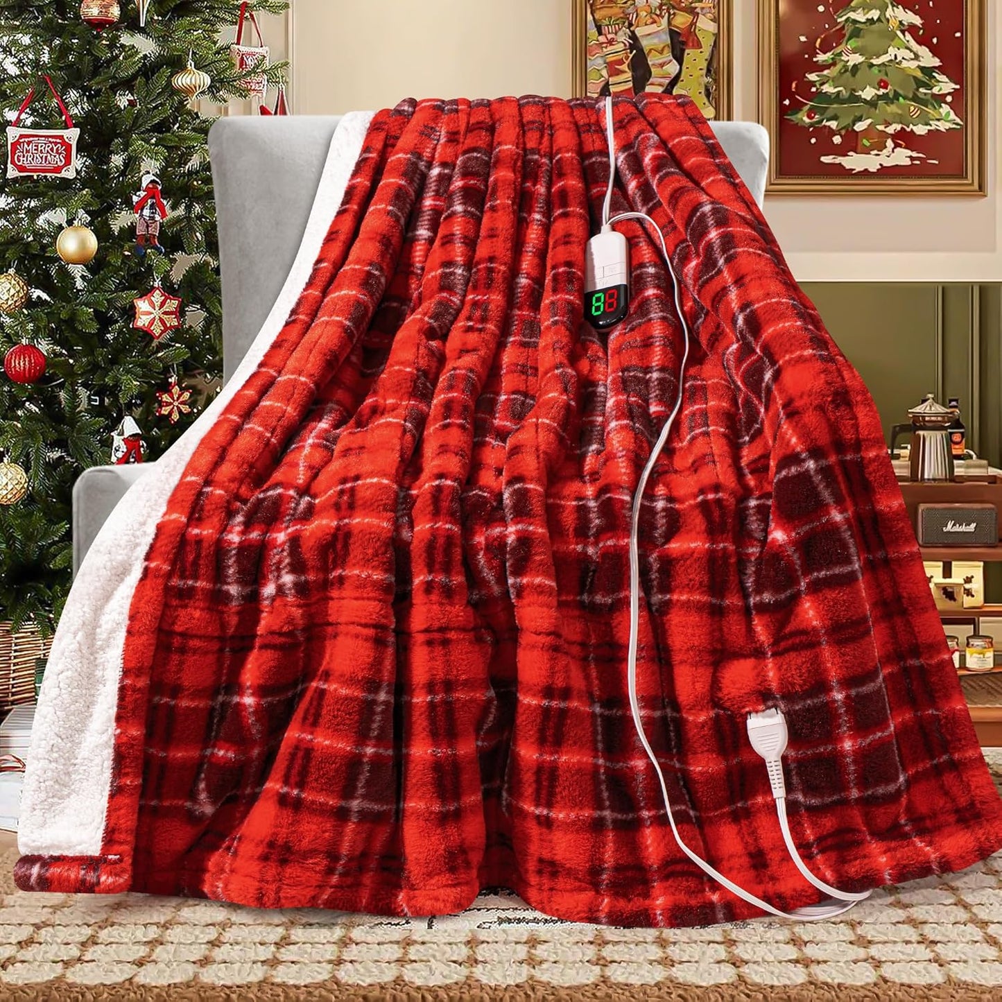 MAXEVE Faux Fur Heated Electric Blanket, 62"x84" Fast Heating Warming Twin Blankets with 8 Heating Levels & 8 Hours Auto Off with Over-Heat Protection & ETL Certified, Plaid Red