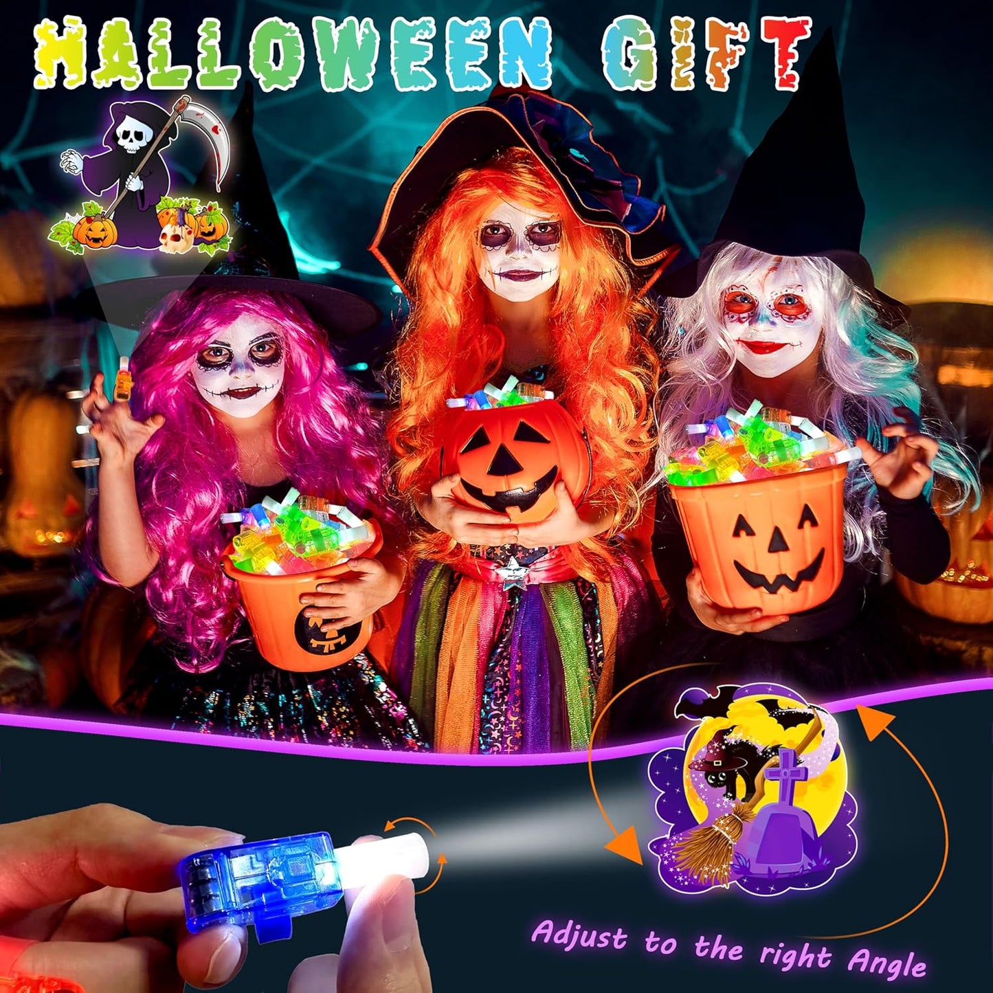 24PCS Halloween Theme Party Favors-LED Finger Lights:Glow-in-the-Dark Light-Up Toys Bulk for Kids Halloween Goodie Bag Fillers Basket Stuffers and Trick or Treat Non Candy Gifts, Classroom Prizes
