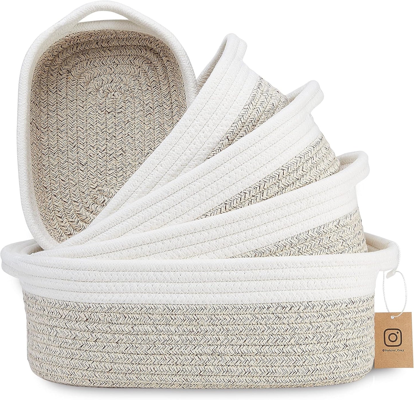 NaturalCozy 5-Piece Rectangle Storage Basket Set- Natural Cotton Rope Woven Baskets for Organizing! Small Basket for Montessori, Baby Nursery, Dog Toy Baskets, Cat Toy Box, Bathroom Organization Bin