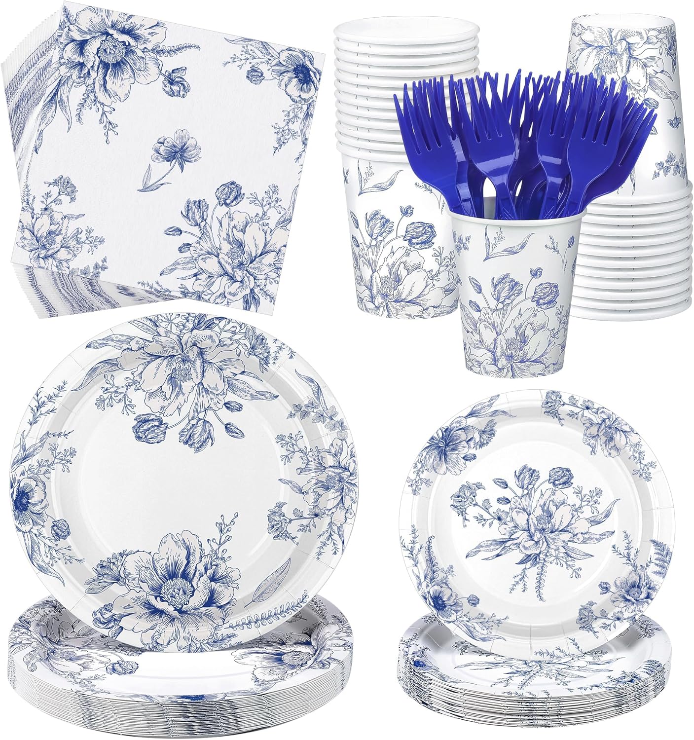 144 Pieces Blue and White Flower Print Party Tableware Sets Including Disposable Plates Napkins Cups Forks Serves 24 for Wedding Birthday Baby Shower Party Supplies