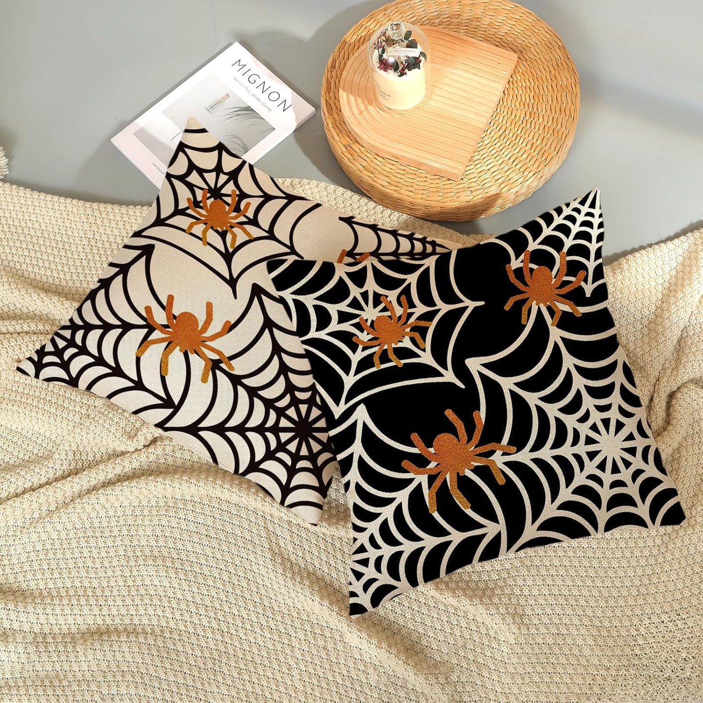 Halloween Pillow Covers 18x18 inch Set of 2 Black and White Spider Web Decorative Decoration Farmhouse Pillow Covers Outdoor Spider Decor Cushion Case for Home Couch Sofa Outdoor