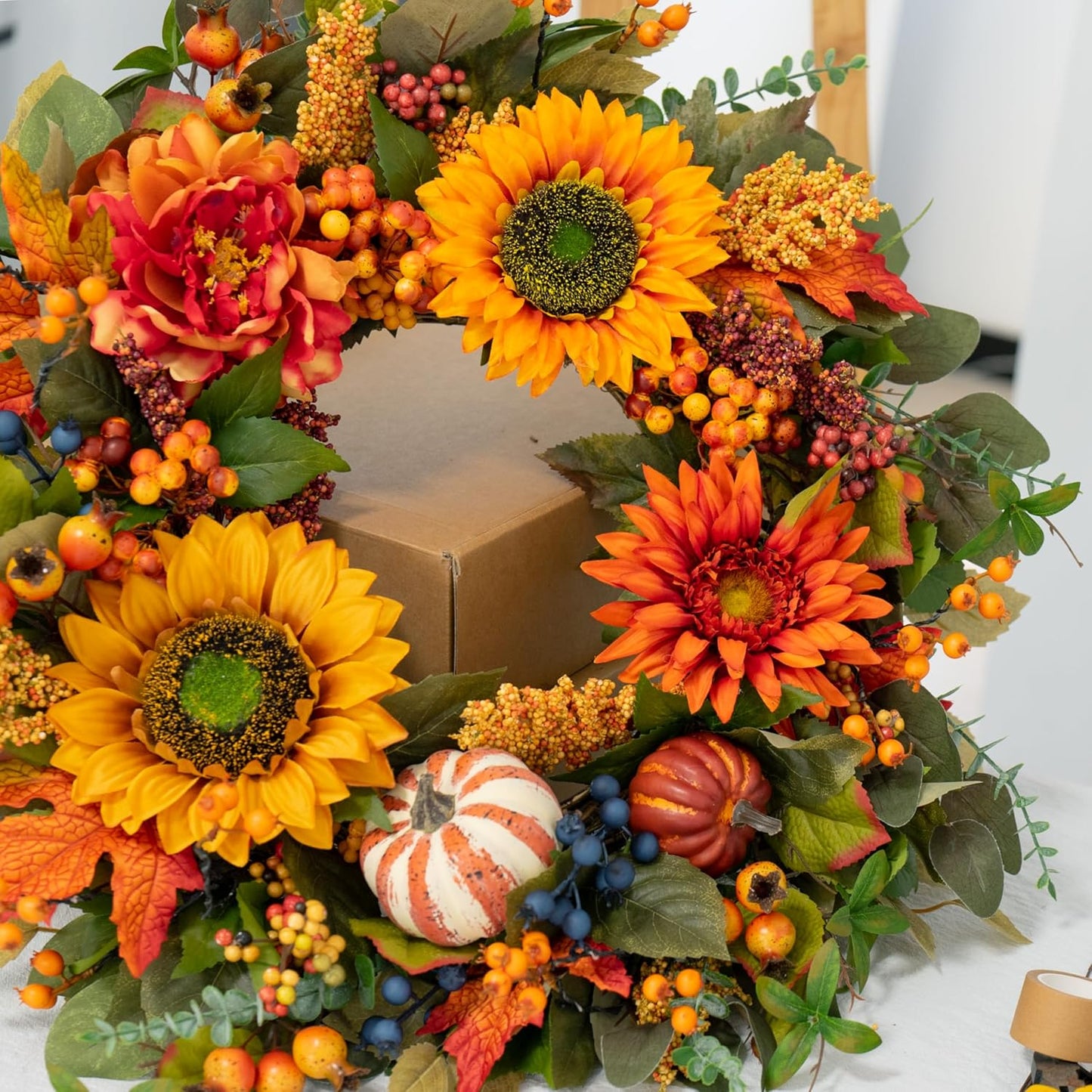 Fall Wreaths for Front Door β 24 Inch Autumn Wreath with Pumpkins, Sunflowers, Berries & Maple Leaves β Fall Door Wreath for Outdoor Thanksgiving, Halloween & Harvest Decor