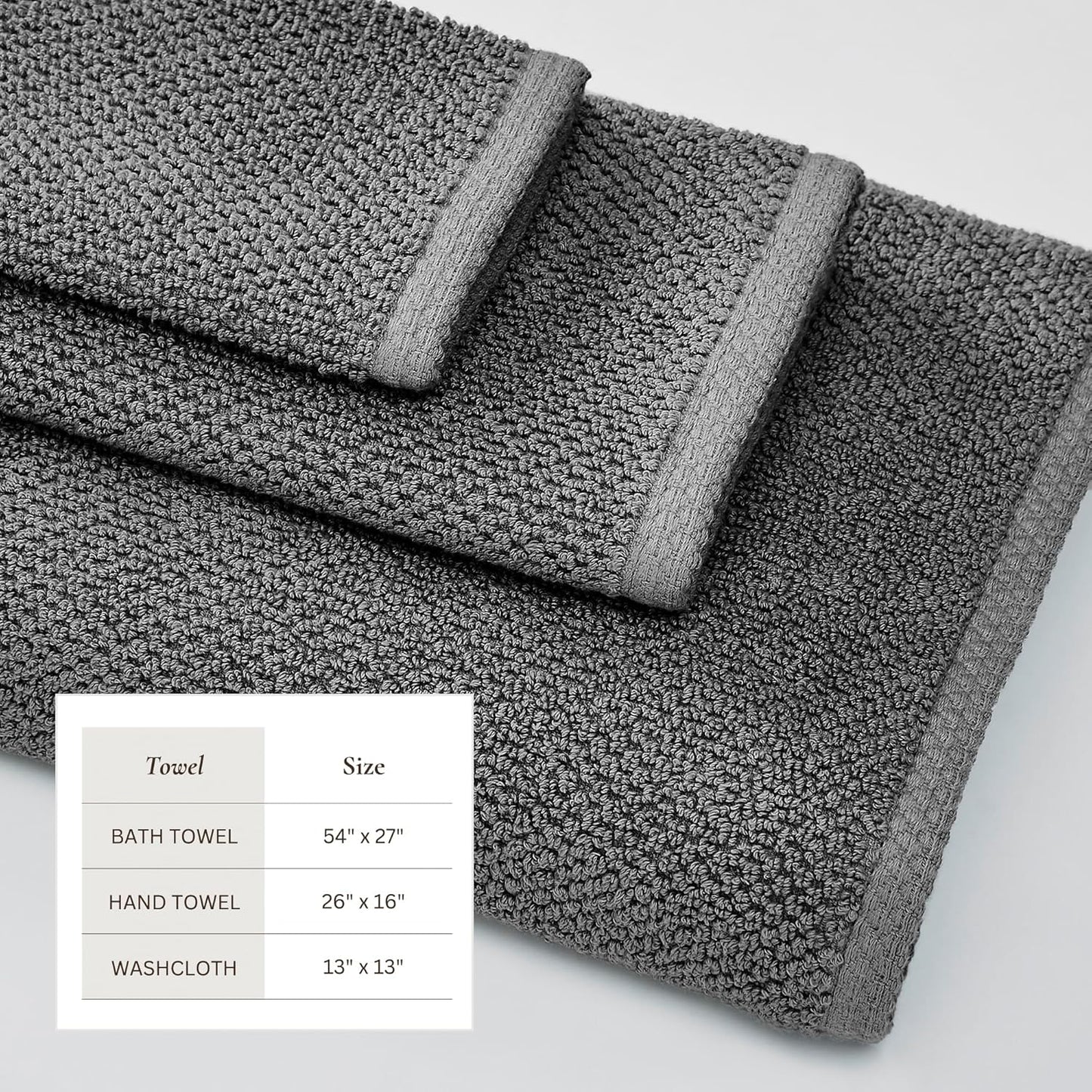Grey Bath Towels - 100% Cotton 6 Piece Towel Set - 2 Bath Towels, 2 Hand Towels, 2 Washcloths - Absorbent, Quick-Drying, Durable Towels for Bathroom Decor - Low-Twist, Two-Ply Fibers (Dark Grey)