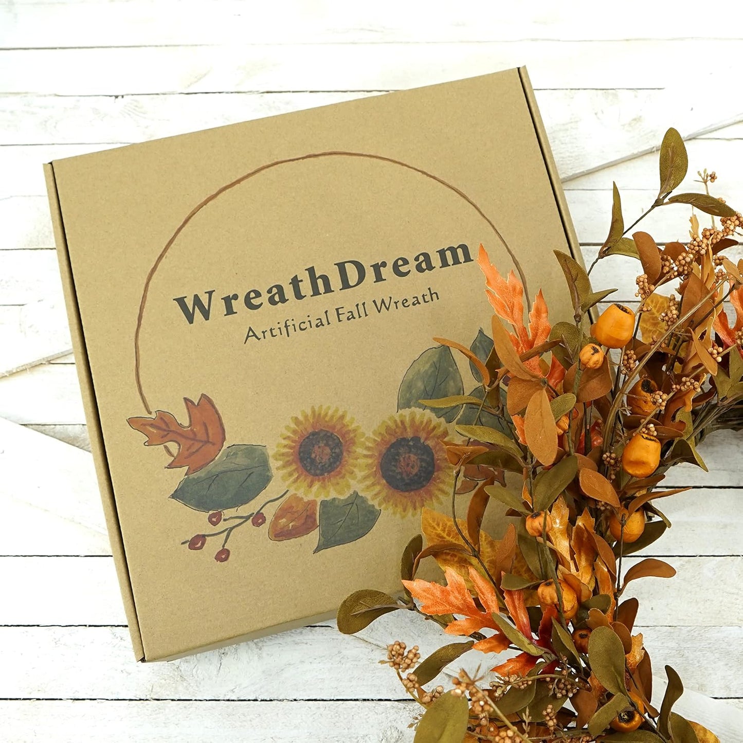 20'' Fall Wreath Autumn Wreath for Front Door with Small Pumpkins and Oak Leaves for Thanksgiving Halloween Home Outdoor Farmhouse Porch Wall Window Decoration,Brown Gift Box Included