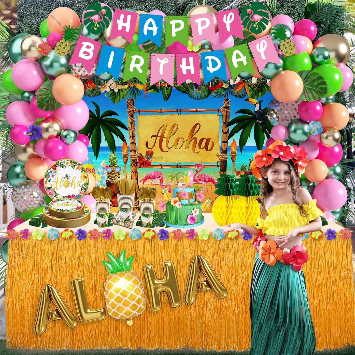 Luau Birthday Party Decorations 321Pcs Hawaiian Tropical Aloha Party Supplies for Summer Beach Holiday Disposable Dinnerware Set (24 Guest) Table Skirt Straws Backdrop Banner Balloon Garland Kit