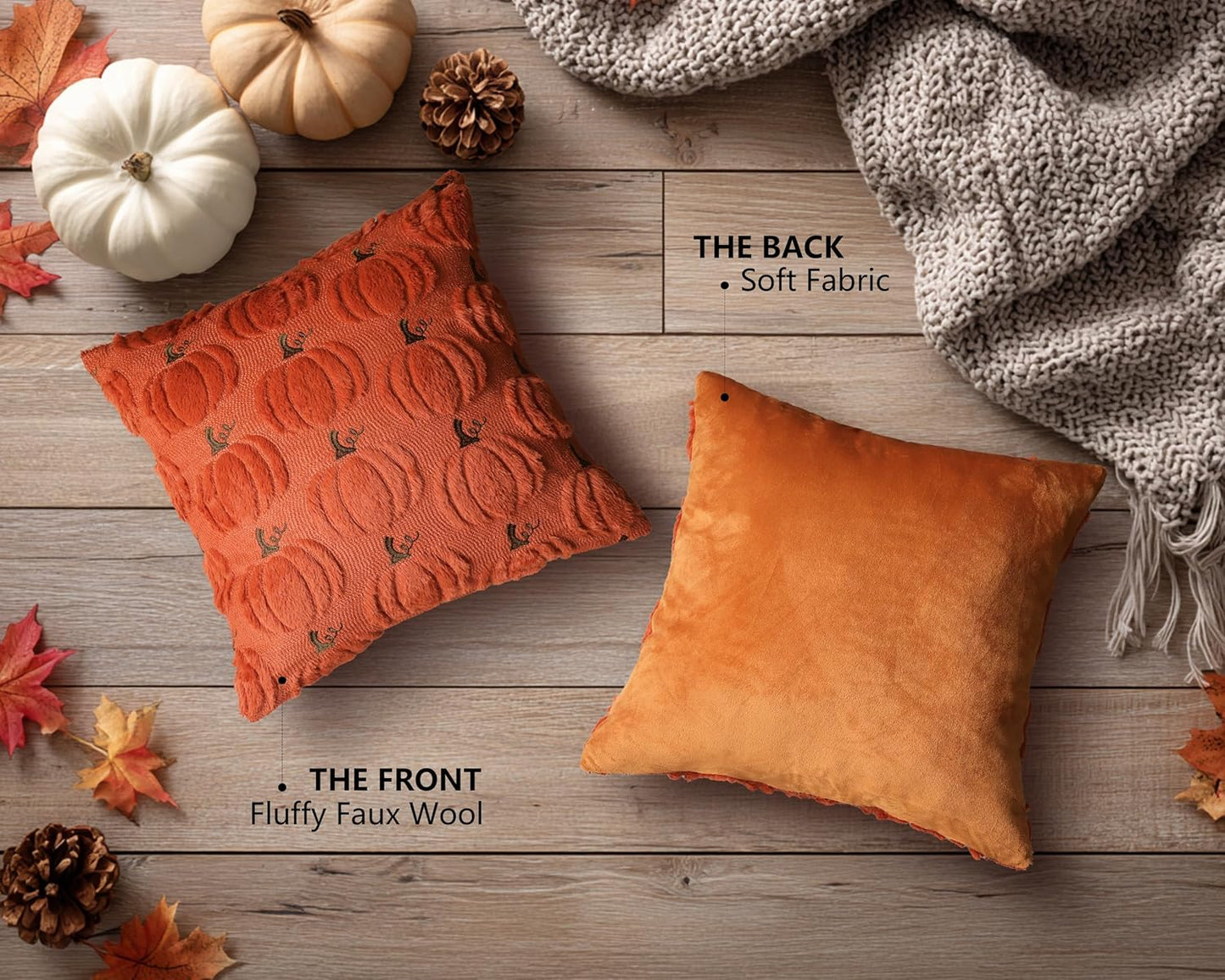 4TH Emotion Fall Pumpkin Decorative Pillow Covers 18x18 Set of 2, Dark Rust Red Soft Plush Faux Fur Wool Farmhouse Throw Cushion Cases for Autumn Thanksgiving Holiday Home Decorations