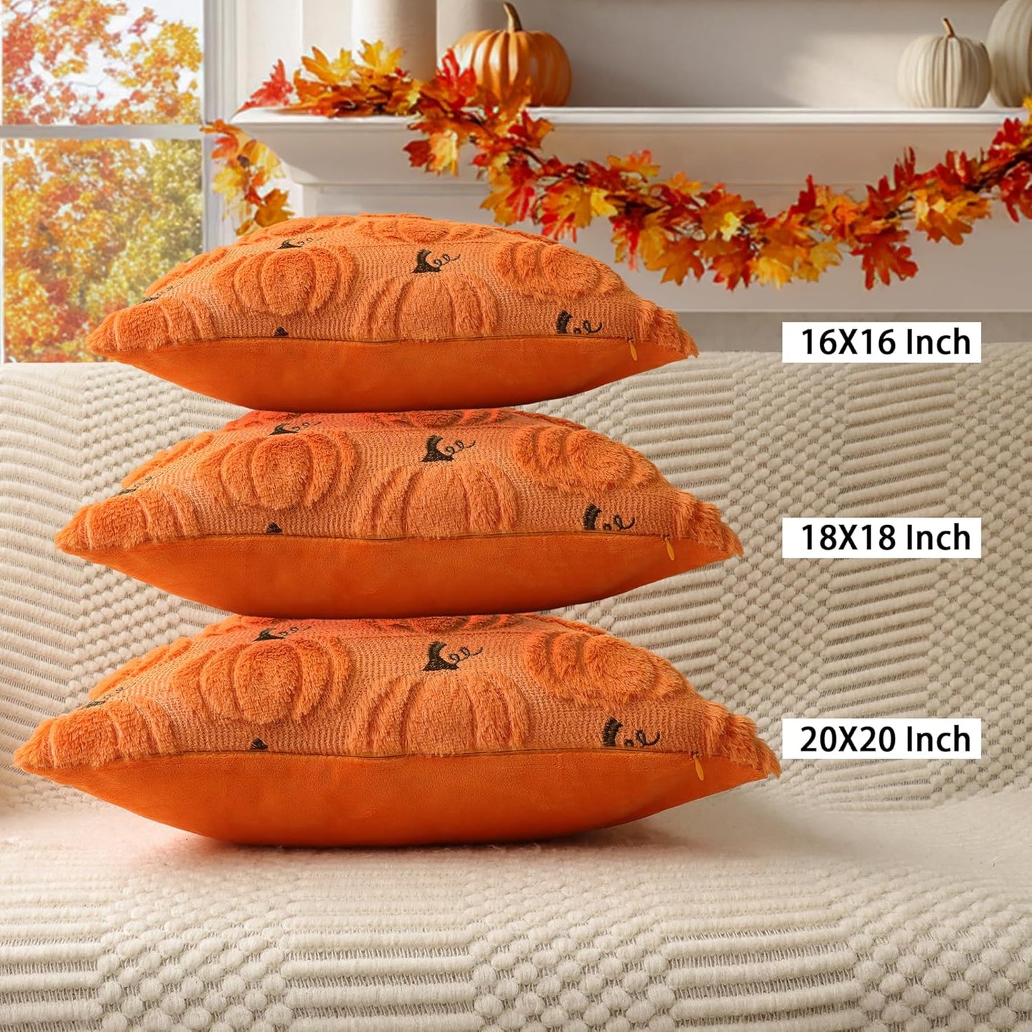 4TH Emotion Fall Pumpkin Decorative Pillow Covers 18x18 Set of 2, Orange Soft Plush Faux Fur Wool Farmhouse Throw Cushion Cases for Autumn Thanksgiving Holiday Home Decorations