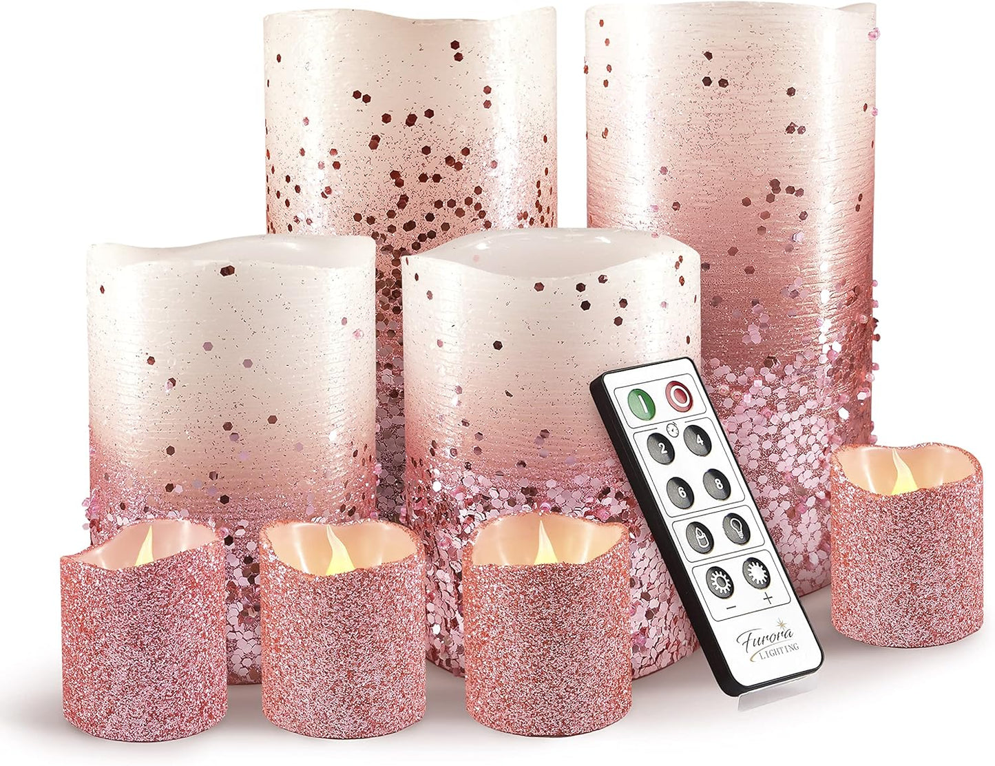 FURORA LIGHTING Pink Glitter LED Candles with Remote and Timer, 4 Pillars and 4 Votives Pack of 8, Real Wax Flameless Flickering Candles for Home Décor, Battery Included