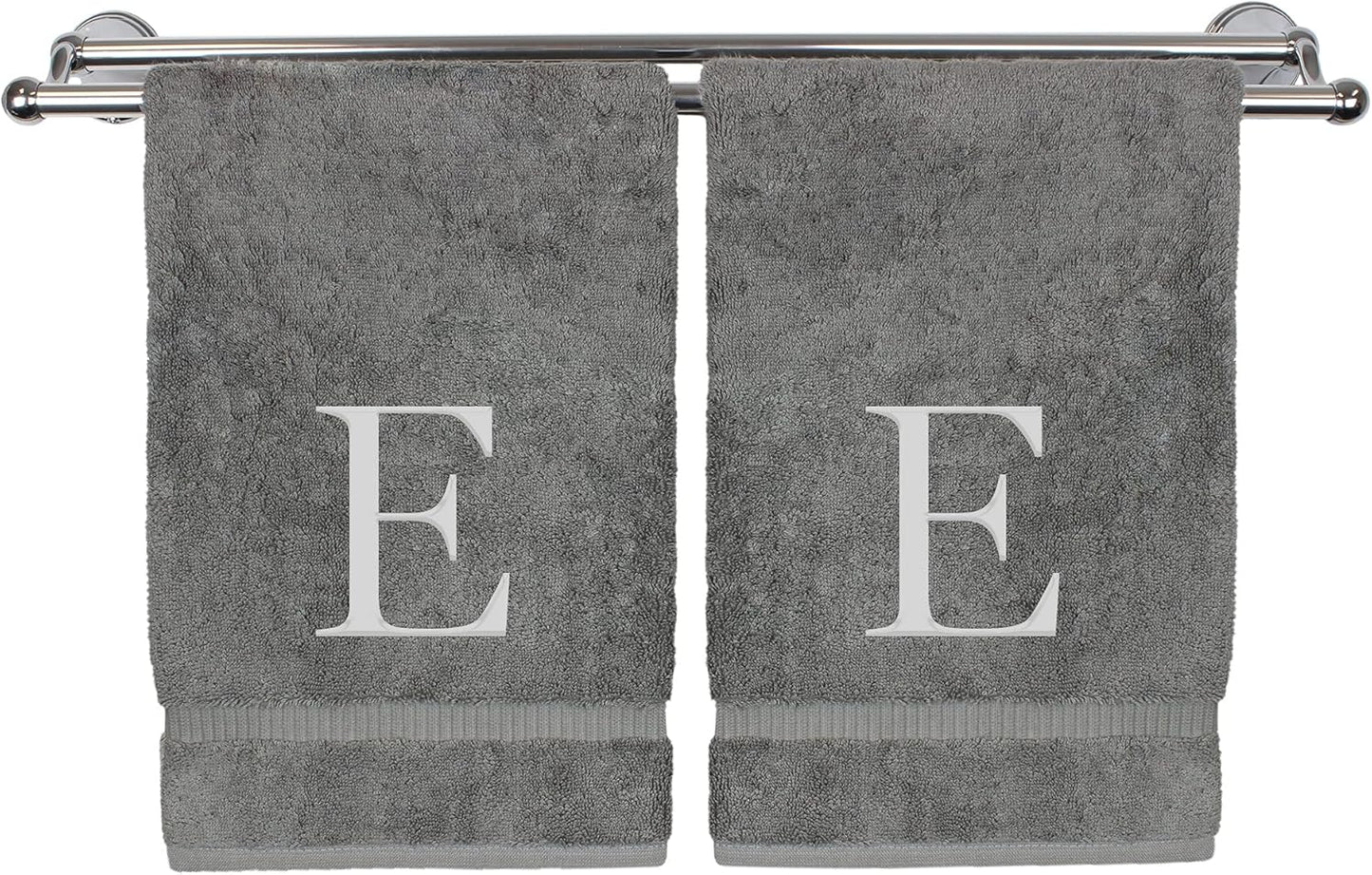Monogrammed Hand Towel, Personalized Gift, Set of 2- Silver Block Letter Embroidered Towel - Extra Absorbent 100% Turkish Cotton - Soft Terry Finish - Initial E Gray