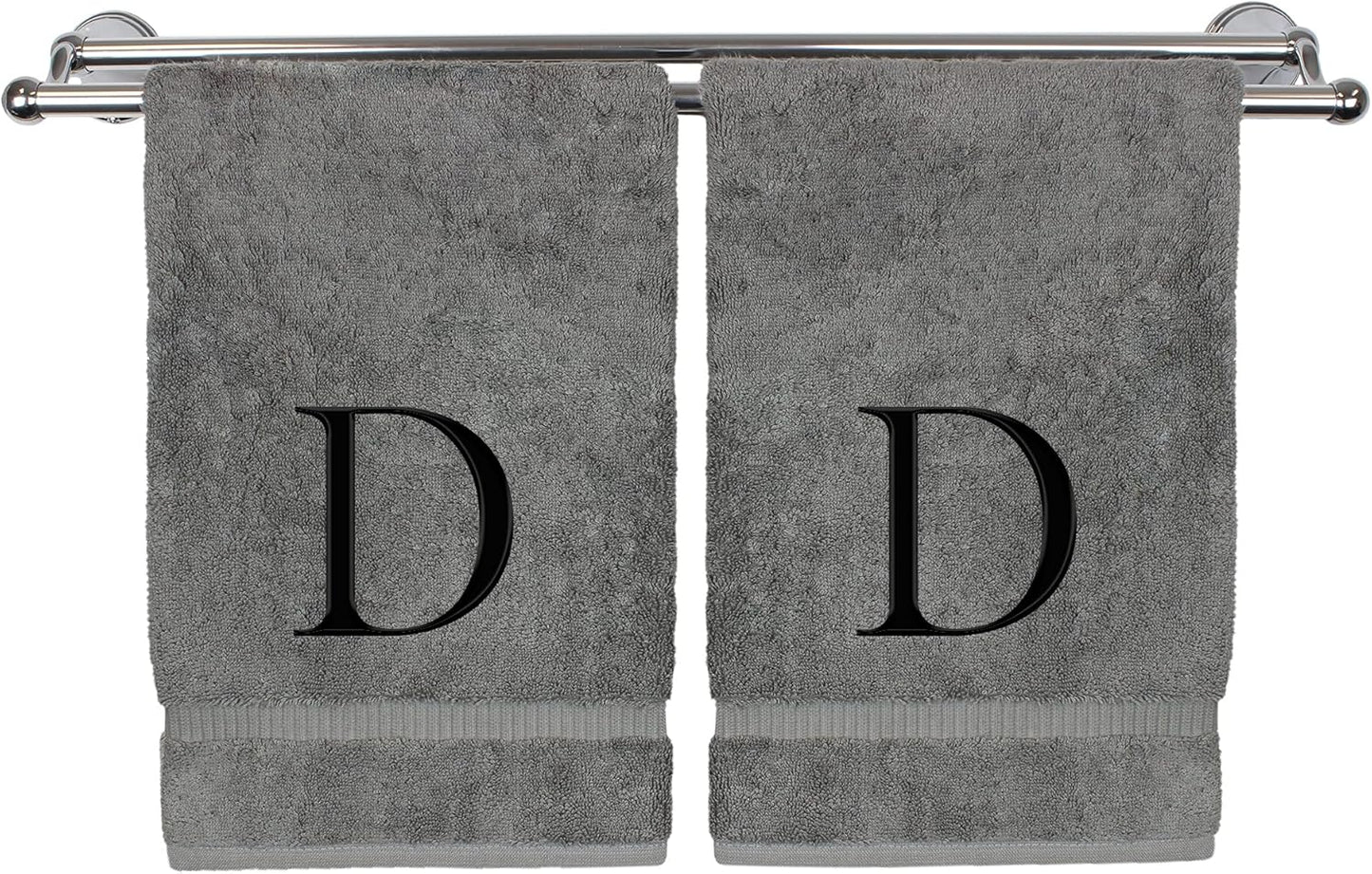 Monogrammed Hand Towel, Personalized Gift, Set of 2- Black Block Letter Embroidered Towel - Extra Absorbent 100% Turkish Cotton - Soft Terry Finish - Initial D Gray