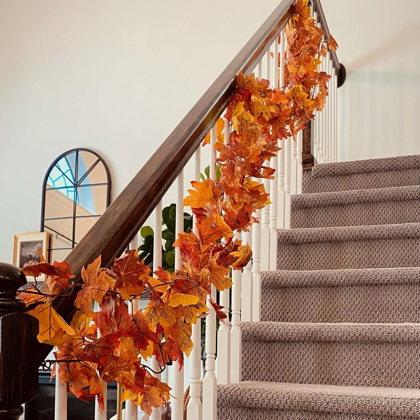 CQURE 12 Pack Fall Leaf Garland, 5.9Ft Artificial Maple Leaf Garland Fall Leaves Autumn Hanging Vines Maple Leaves Thanksgiving Decor for Home Wedding Fireplace Party