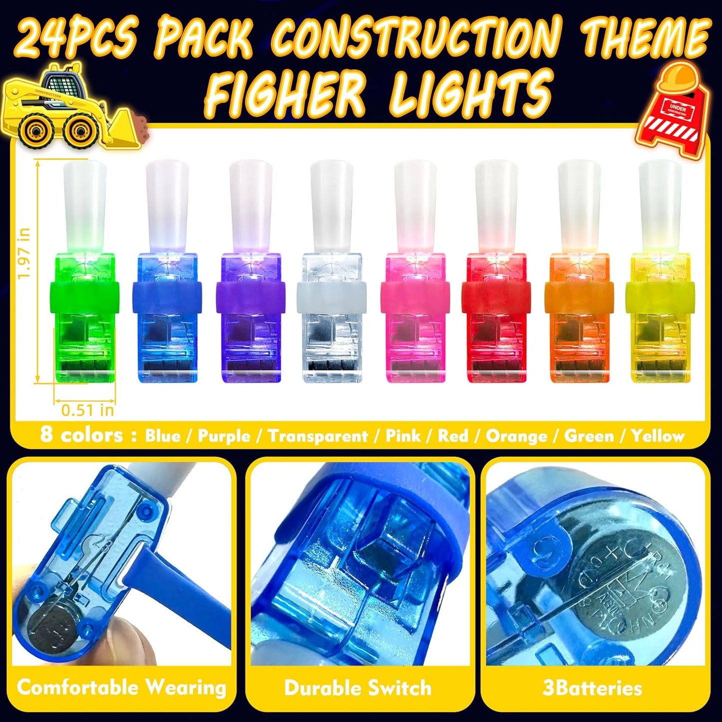 24PCS Construction Party Favors-LED Finger Lights:Glow-in-the-Dark Light-Up Toys Bulk for Kids Boys Girls,Construction themed Party Decorations Supplies, Party Goodie Bags, Classroom Prizes, Fun Gifts