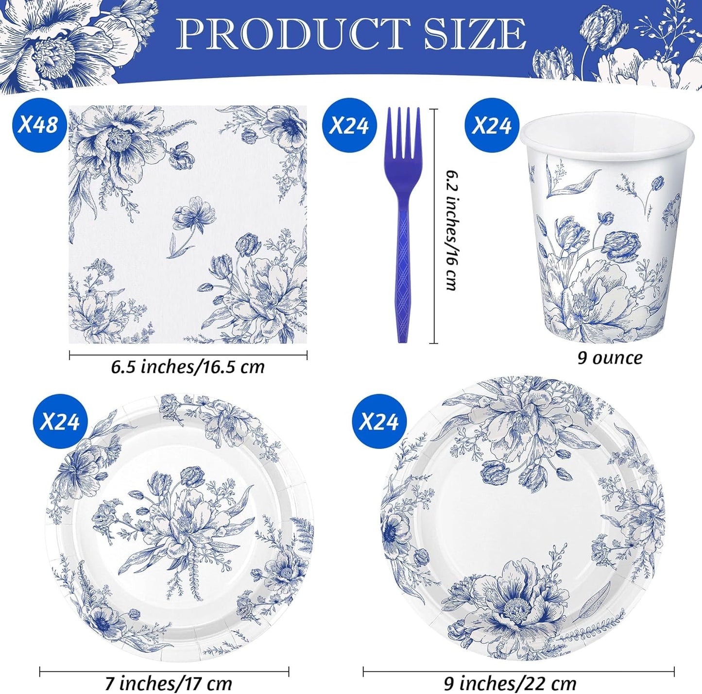 144 Pieces Blue and White Flower Print Party Tableware Sets Including Disposable Plates Napkins Cups Forks Serves 24 for Wedding Birthday Baby Shower Party Supplies