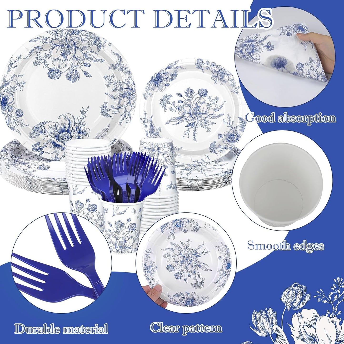 144 Pieces Blue and White Flower Print Party Tableware Sets Including Disposable Plates Napkins Cups Forks Serves 24 for Wedding Birthday Baby Shower Party Supplies