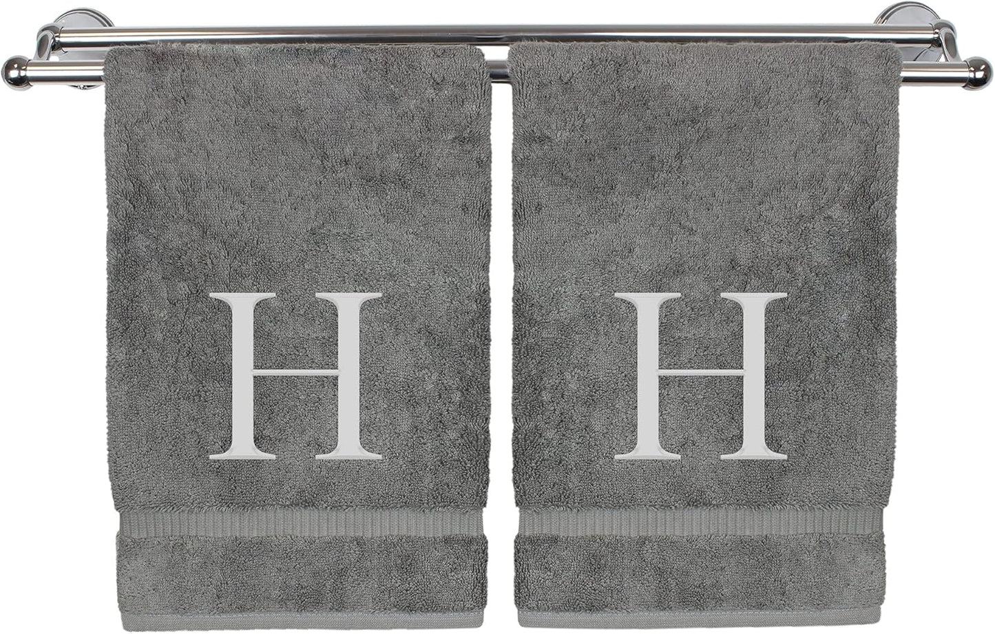 Monogrammed Hand Towel, Personalized Gift, Set of 2- Silver Block Letter Embroidered Towel - Extra Absorbent 100% Turkish Cotton - Soft Terry Finish - Initial H Gray