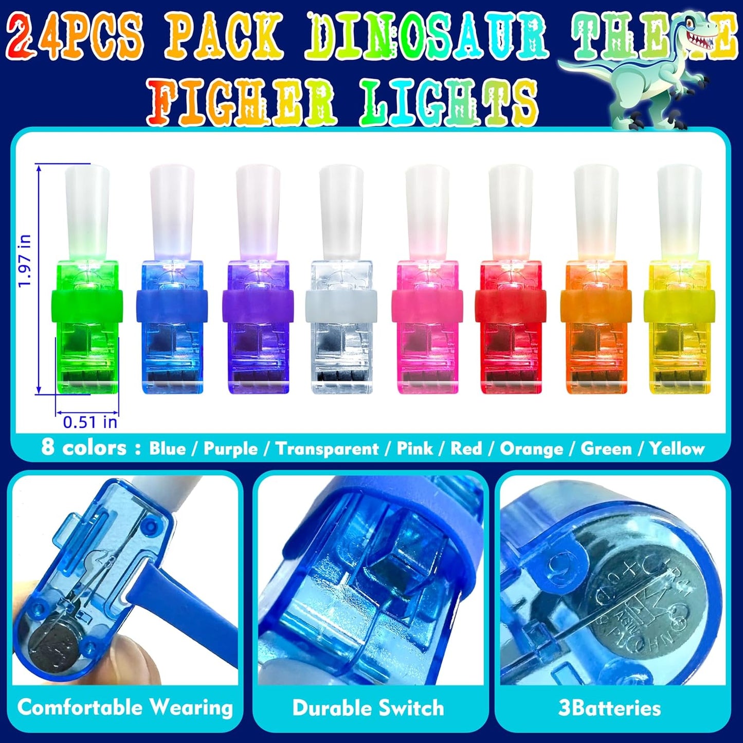 24PCS Dinosaur Party Favors-LED Finger Lights:Glow-in-the-Dark Light-Up Toys Bulk for Kids Boys Girls,Dino Birthday Party Decorations Supplies, Party Goodie Bags, Classroom Prizes, Fun Gifts