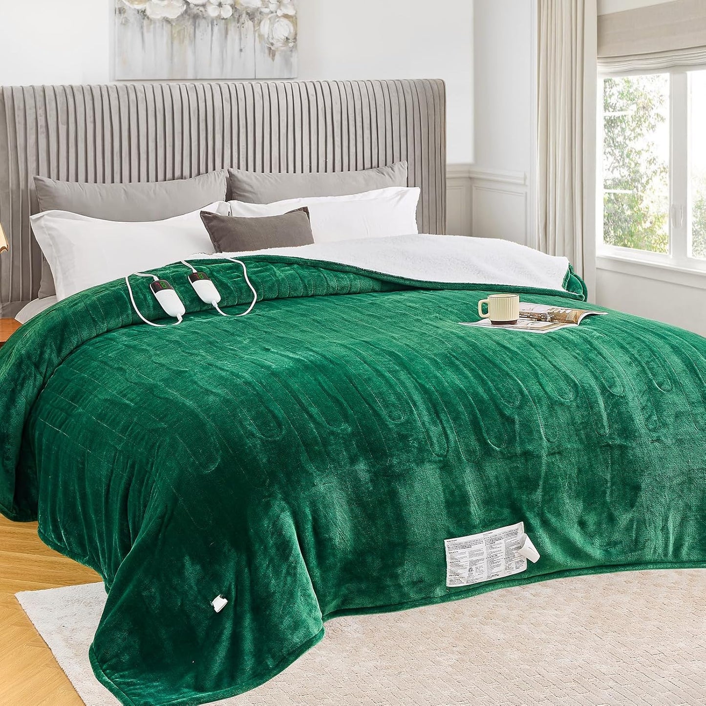 greenoak Heated Blanket Electric Queen Size 84"X90" Dual Control, Heating Blanket with 10 Levels 1/2/4/6/8 Hours Auto-Off Overheat Protection, Soft Sherpa Warm,ETL Certified Emerald Green