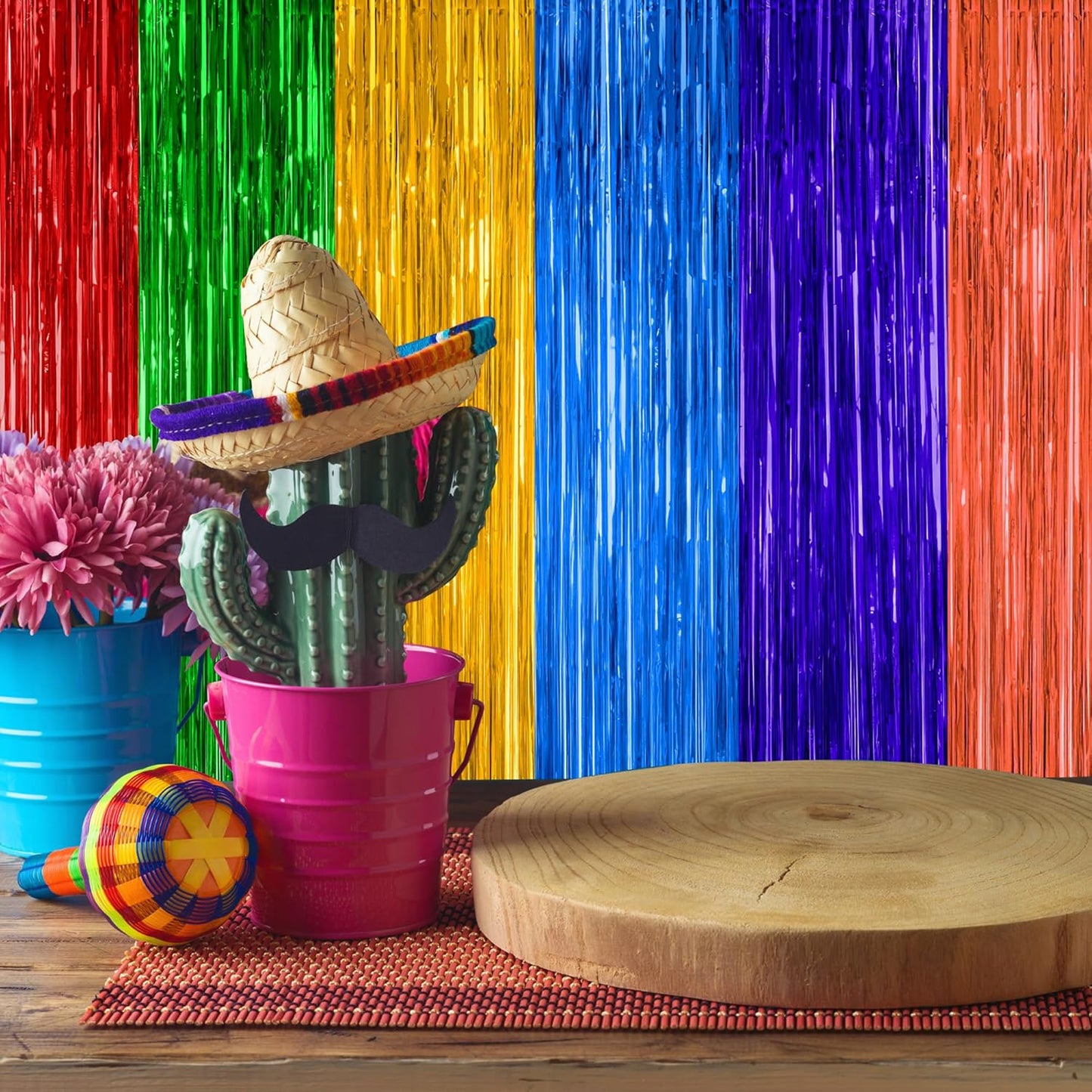 2 Pack Cinco De Mayo Decorations, 3.28 FT x 7.05 FT Fiesta Rainbow Backdrop, Mexican Style Fringe Curtains Tinsel Backdrop Party Streamer, Metallic Taco Party Decorations Mexican Decor