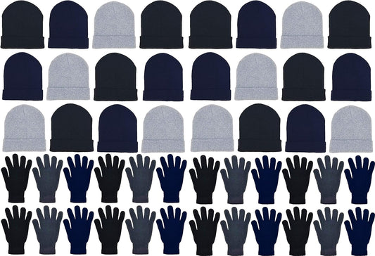 48x Winter Beanies & Gloves Combo Pack, Bulk Pack for Men Women, Warm Cozy Gift