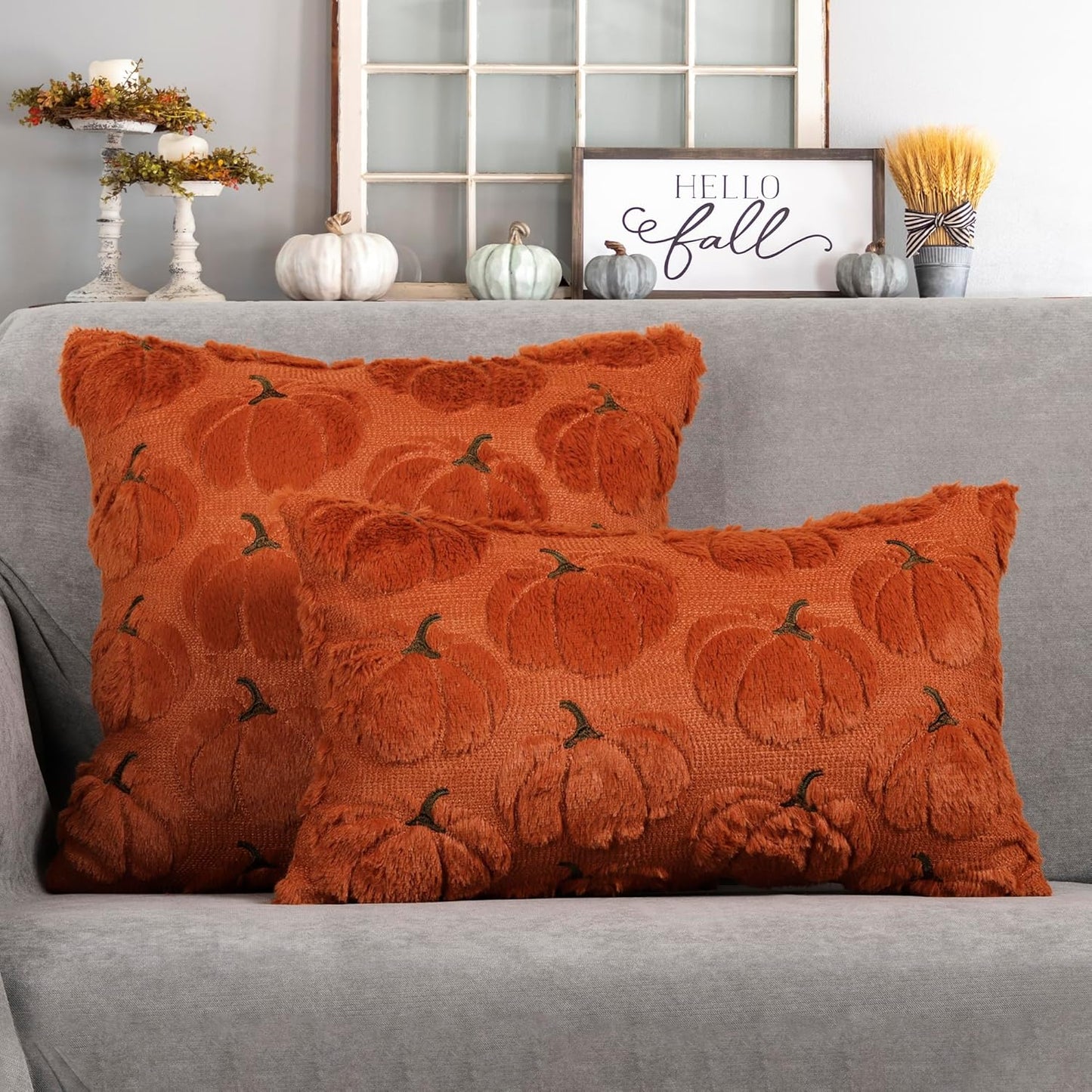 4TH Emotion Fall Pumpkins Decorative Pillow Covers 18x18 Set of 2, Dark Rust Red Soft Plush Faux Fur Wool Farmhouse Throw Cushion Cases for Autumn Thanksgiving Holiday Home Decorations