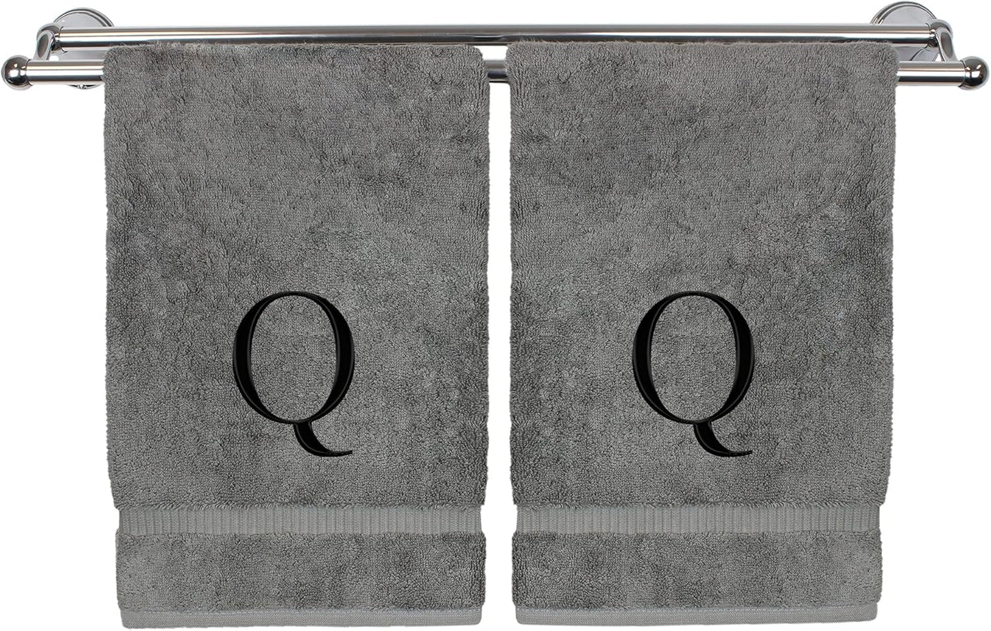 Monogrammed Hand Towel, Personalized Gift, Set of 2- Black Block Letter Embroidered Towel - Extra Absorbent 100% Turkish Cotton - Soft Terry Finish - Initial Q Gray