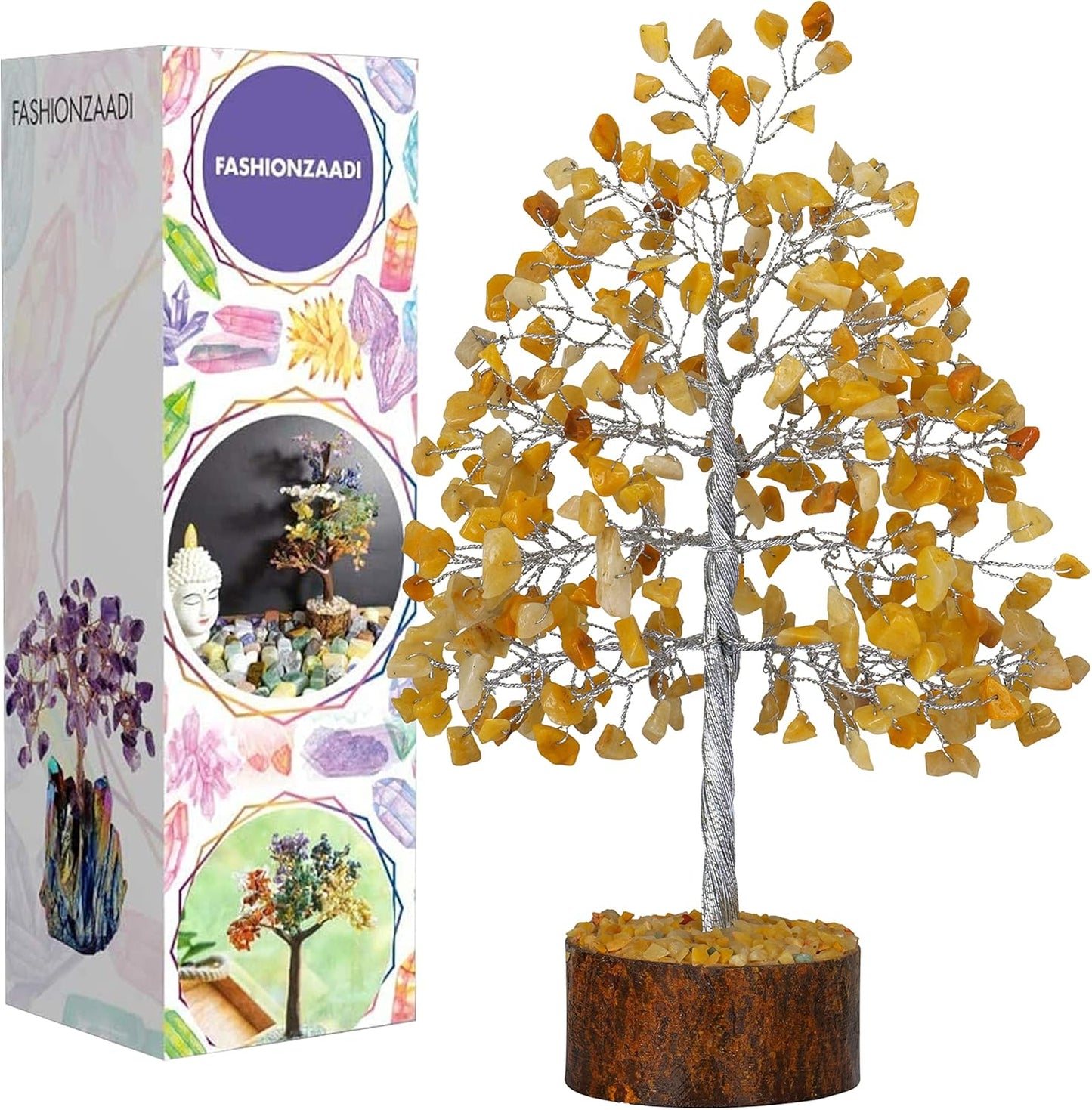 FASHIONZAADI Gemstone Money Tree Reiki Healing Chakra Balancing Handmade Bonsai Trees Spiritual Gift Aura Cleansing Good Luck Home Decor (Yellow Aventurine Silver Wire)