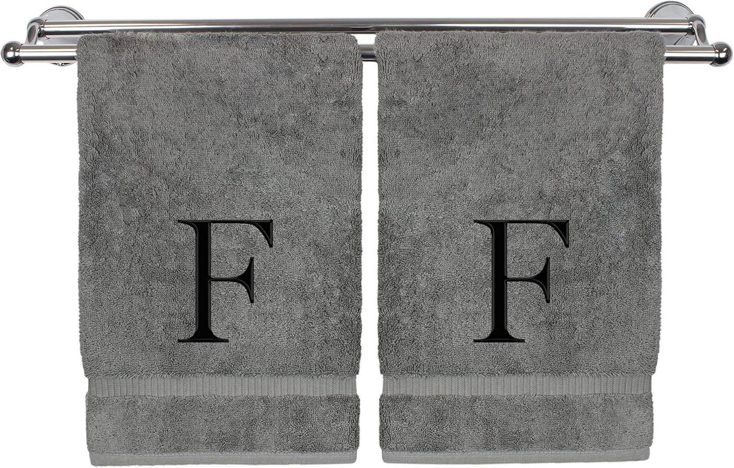 Monogrammed Hand Towel, Personalized Gift, Set of 2- Black Block Letter Embroidered Towel - Extra Absorbent 100% Turkish Cotton - Soft Terry Finish - Initial F Gray