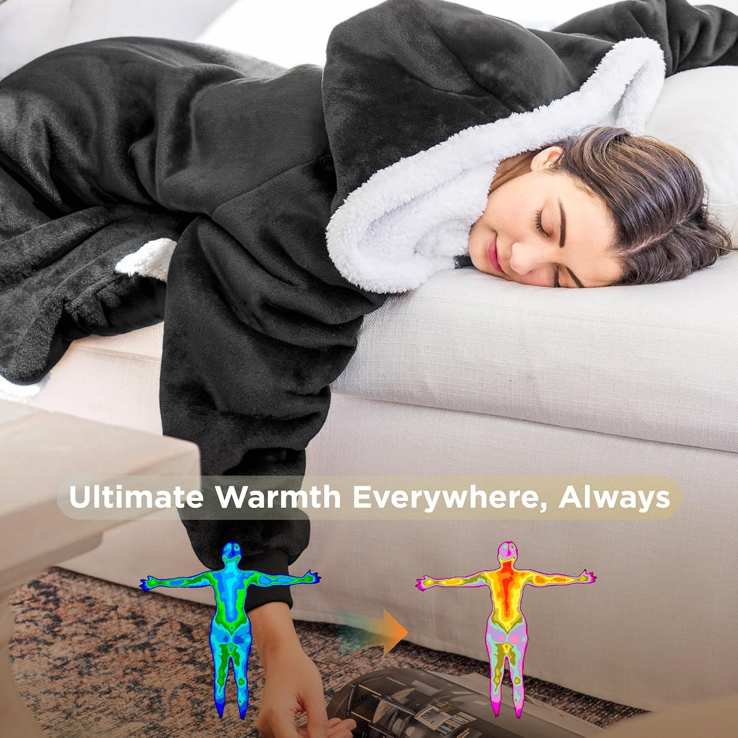 Bedsure Blanket Hoodie, Wearable Blanket for Adults & Kids as Gifts for Women Men, Birthday Gifts for Women Mom Girl Sherpa Oversized Hoodie, Grey Black, Kids