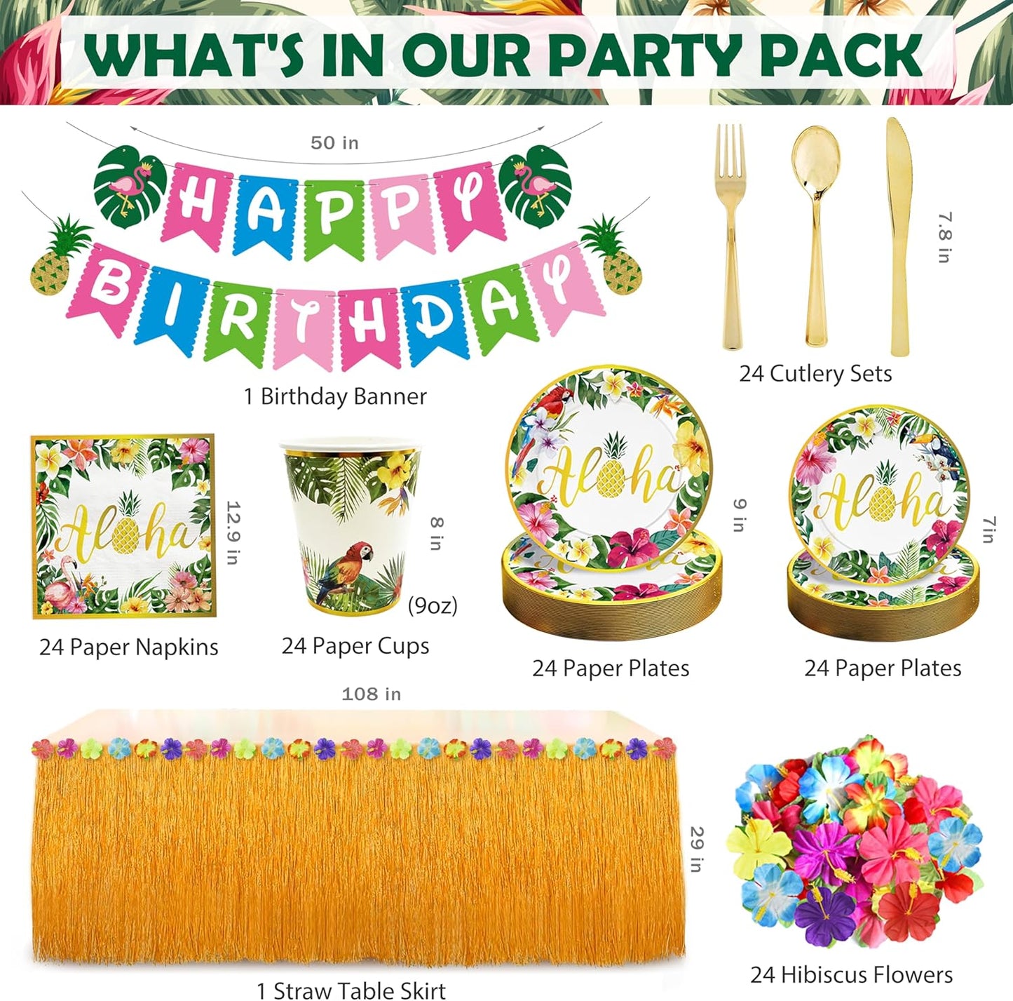 Luau Birthday Party Decorations 321Pcs Hawaiian Tropical Aloha Party Supplies for Summer Beach Holiday Disposable Dinnerware Set (24 Guest) Table Skirt Straws Backdrop Banner Balloon Garland Kit
