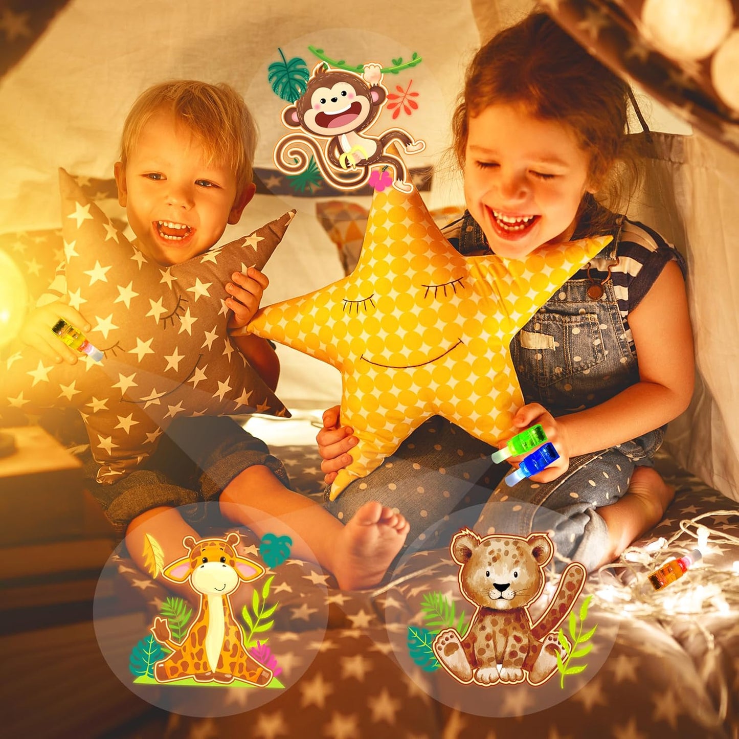 24PCS Jungle Safari Party Favors-LED Finger Lights:Glow-in-the-Dark Light-Up Toys Bulk for Kids,Animal Theme Birthday Party Decorations Supplies, Party Goodie Bags, Classroom Prizes, Fun Gifts