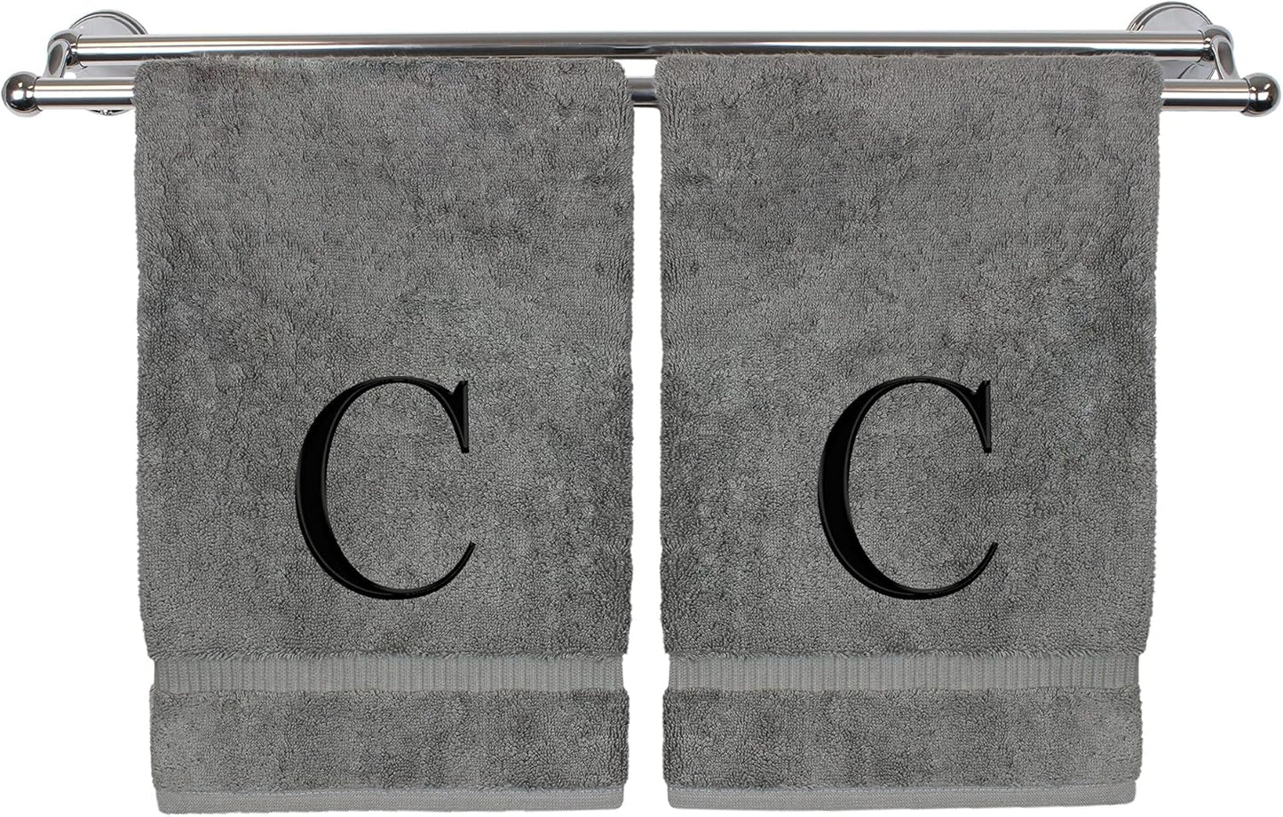 Monogrammed Hand Towel, Personalized Gift, Set of 2- Black Block Letter Embroidered Towel - Extra Absorbent 100% Turkish Cotton - Soft Terry Finish - Initial C Gray