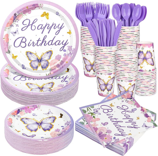 400 Pieces Butterfly Disposable Party Tableware Sets Including Plates Cups Napkins Cutlery Serves 50 for Butterfly-themed Party Birthday Baby Shower Girls Party Decorations