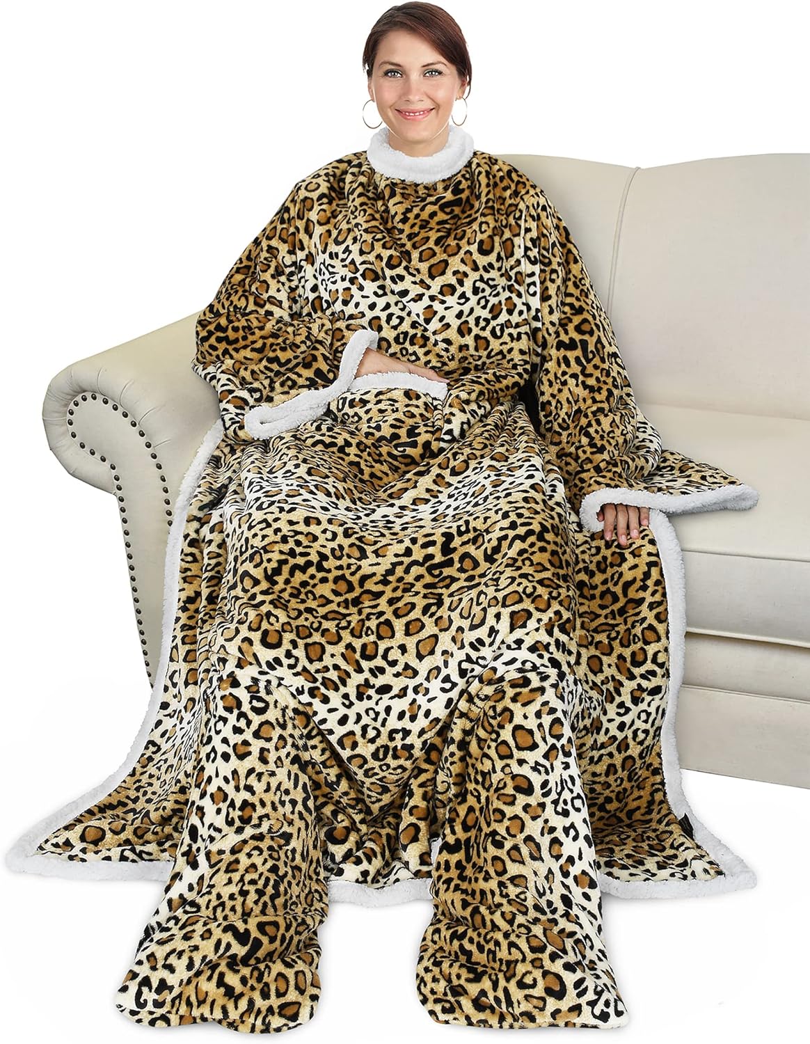 Catalonia Sherpa Wearable Blanket with Sleeves & Foot Pockets for Adult Women Men, Comfy Snuggle Wrap Sleeved Throw Blanket Robe, Gift Idea, Cheetah