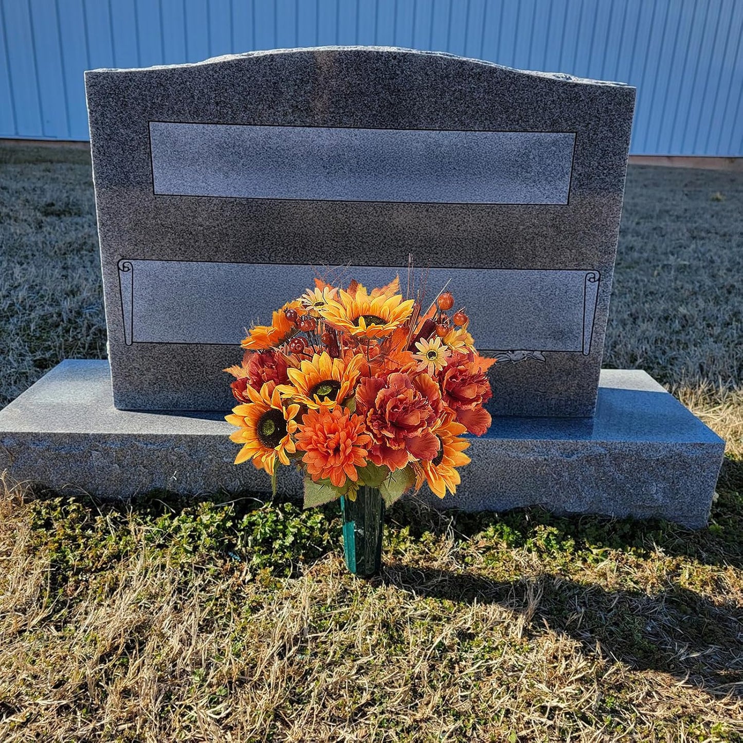 2 Bundles Fall Flowers Artificial for Decoration, Silk Flowers Bouquet Fake Sunflowers with Peony Mums Orange Faux Flowers for Cemetery Grave Home Wedding Party Autumn Thanksgiving Decor (21")