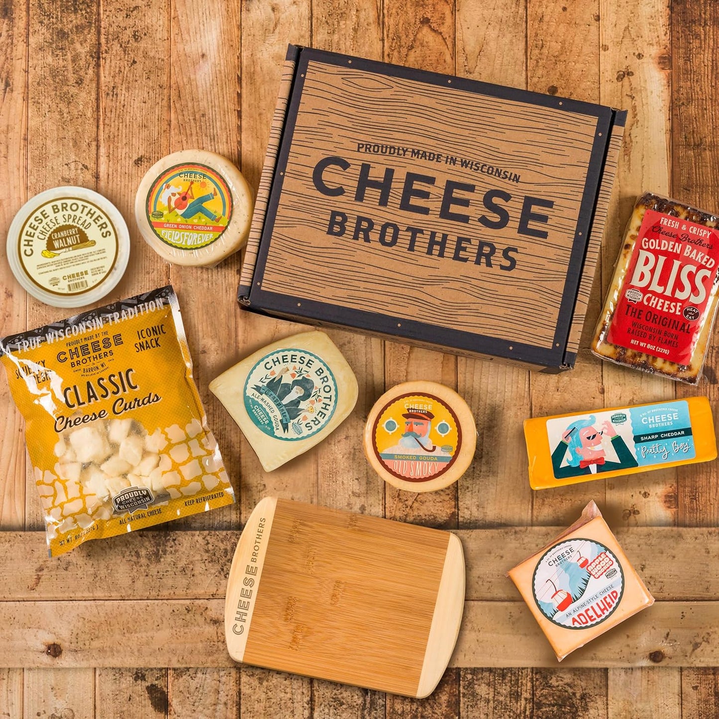 Cheese Bros Family Fest Gift Box with 8 Inch Cutting Board | Fresh from Wisconsin | Includes Baked Bliss, Assorted Cheddar and Gouda Cheeses, Cheese Curds, Alpine-Style Adelheid | Family Gifting Idea