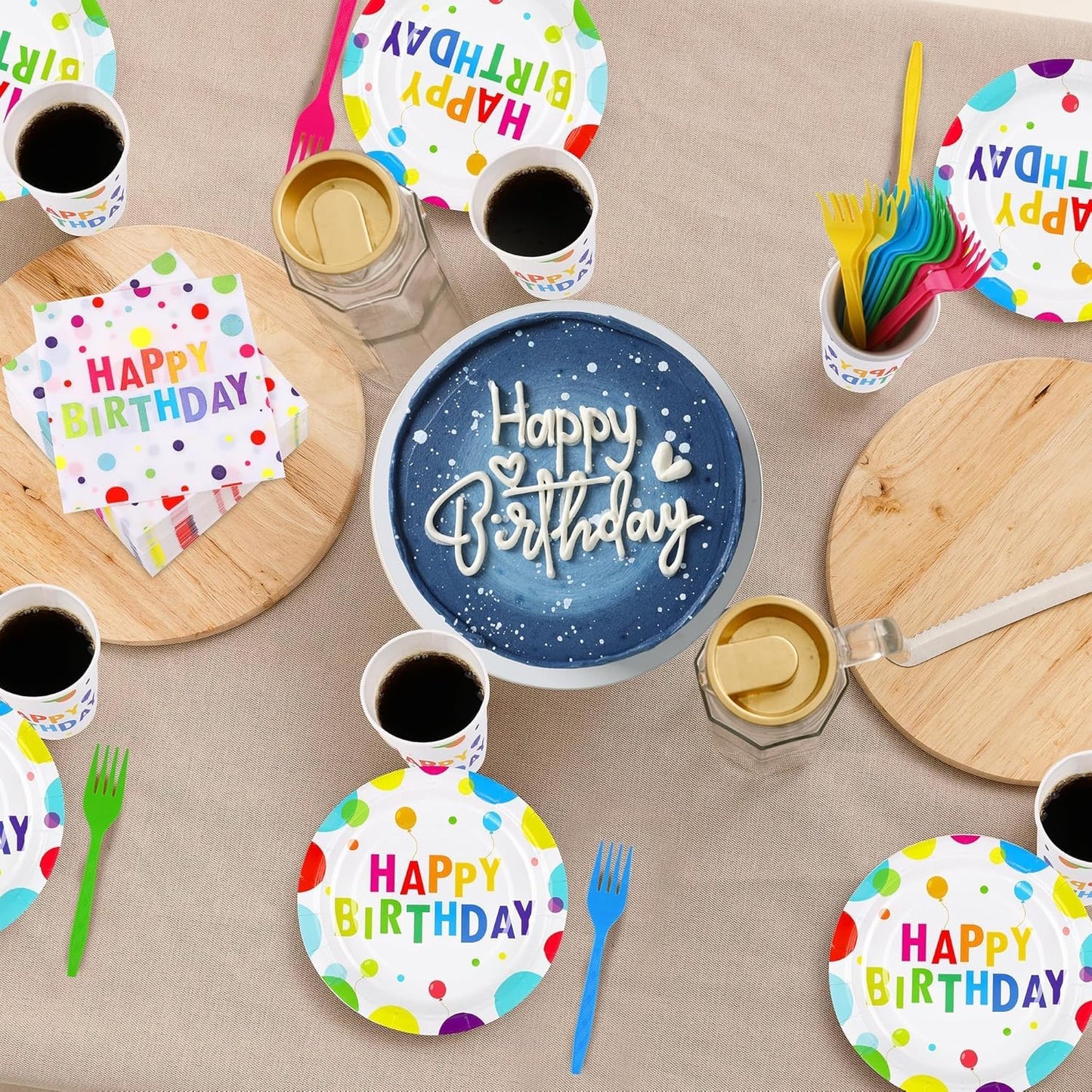 144 Pieces Happy Birthday Print Party Decorations Including Disposable Plates Napkins Cups Forks Tableware Sets Serves 24 for Birthday Party Supplies