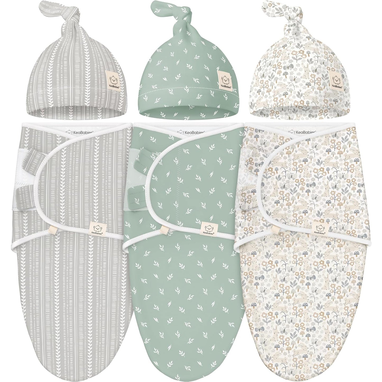 KeaBabies 3-Pack Swaddles for Newborns, Girls, Boys with Hats - Organic Soft Baby Sleep Sacks, Breathable Baby Swaddle 3-6 Months Beanies Set, Premie Infant Sleep Sack 0-3 Months (Prairie)